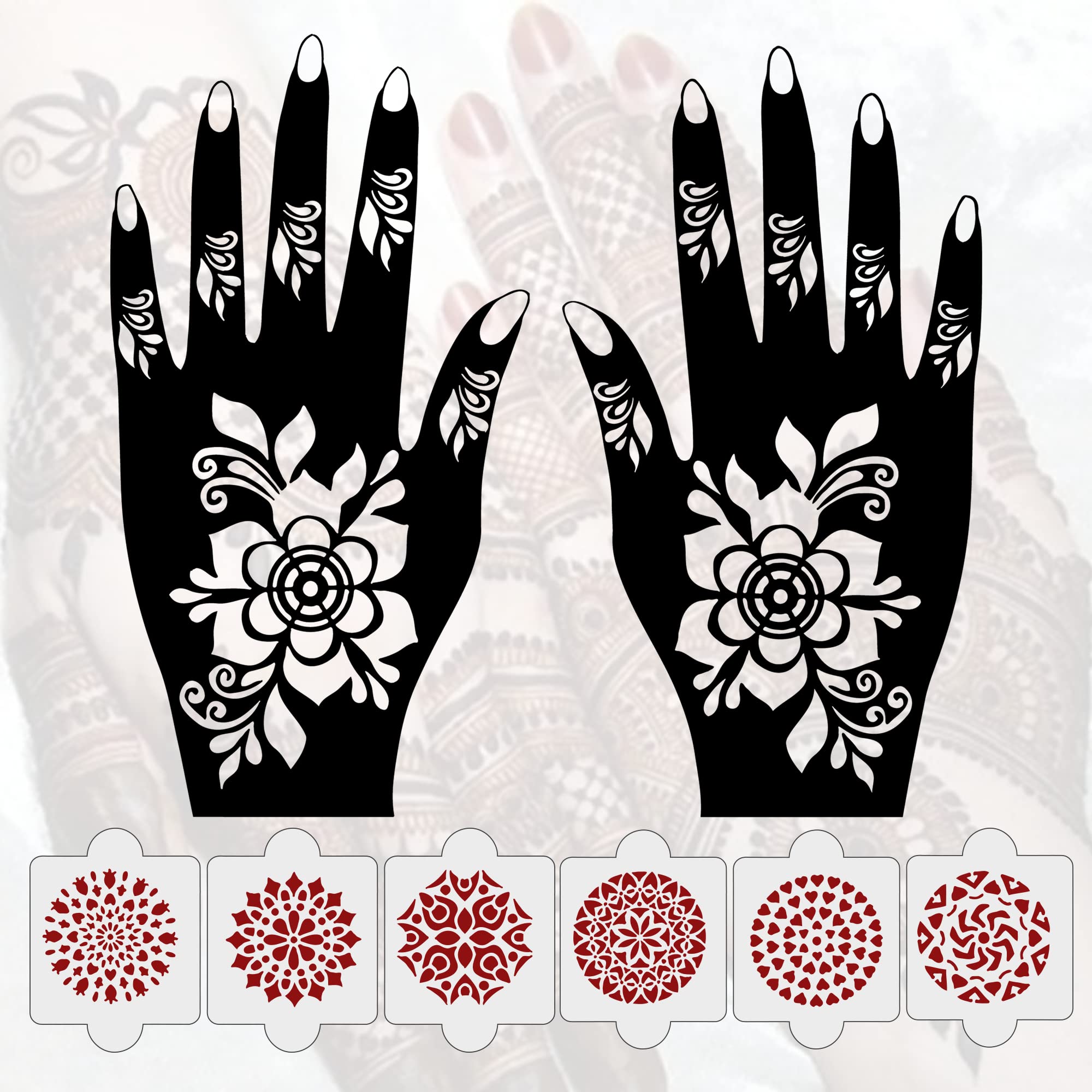 Ivana's Pack of 8 Pcs (2 Pcs Heena Stencil Tatto + 6 Pcs Laser Cut PVC Reusable Heena Stencils), Heena Mehandi Sticker, Mehandi Stickers for Full Hand for Women, Girls and Kids, Easy to Apply, NIV-041-image-28