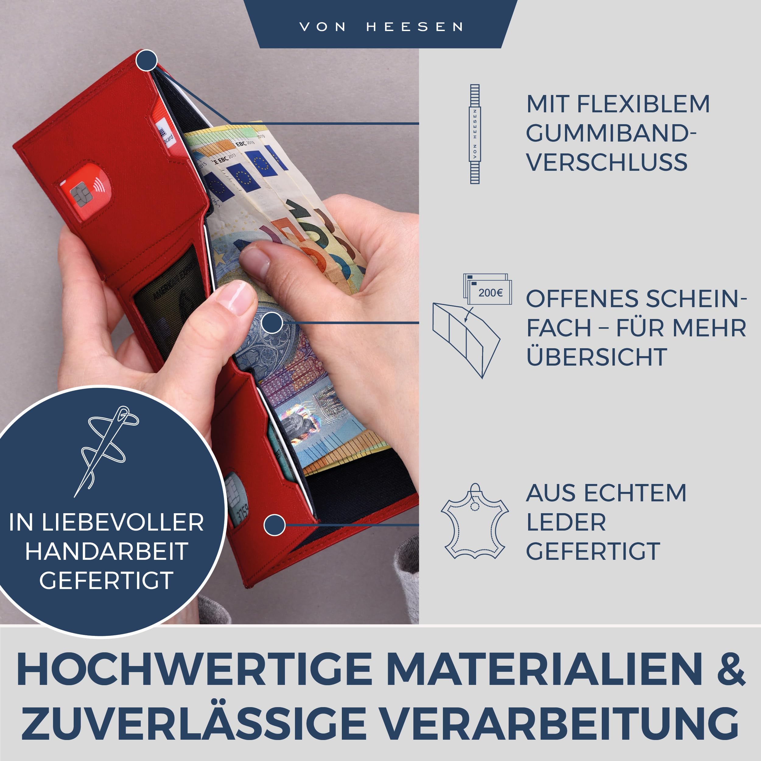 VON HEESEN Slim Wallet mit XL Münzfach & RFID-Schutz - Leder Geldbeutel - Mini Geldbörse für Herren und Damen - Kartenetui Echtleder Karten Portemonnaie klein - Kreditkartenetui Rot Saffiano - 4