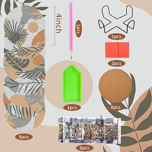 Miniatura 2 de 8 posavasos de pintura de diamantes de hojas con soporte, diseño de hojas grises, estilo bohemio, para adultos, niños, principiantes, kits de