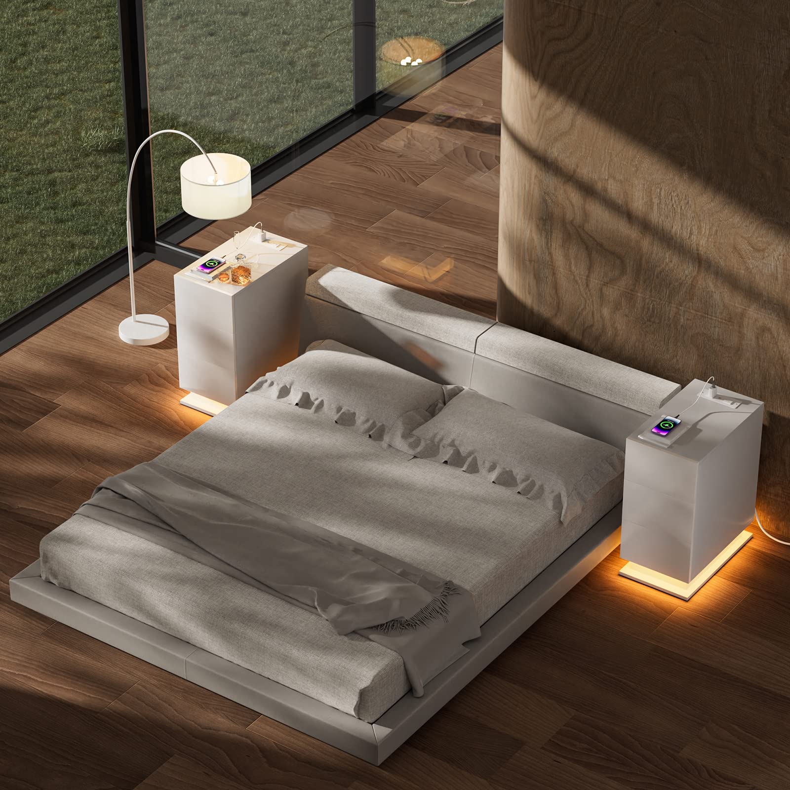 Juego de 2 Estrecha Mesilla de Noche con Estación de Carga y LED, Brillante Mesa Auxiliar con 3 cajones, para Dormitorio, Salón, Estudio, Blanco