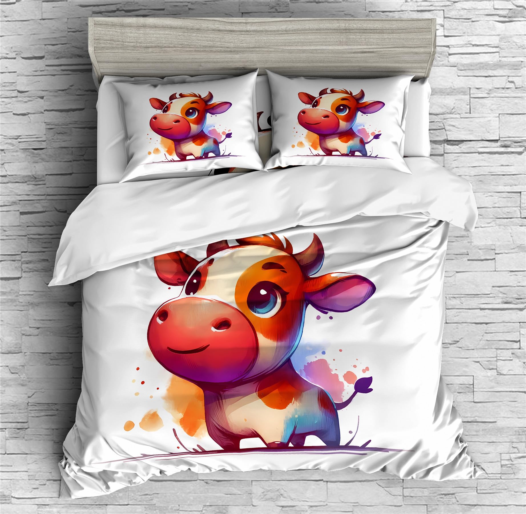 Housse de couette vache 200x200 cm avec taies d'oreiller pour parure de lit double