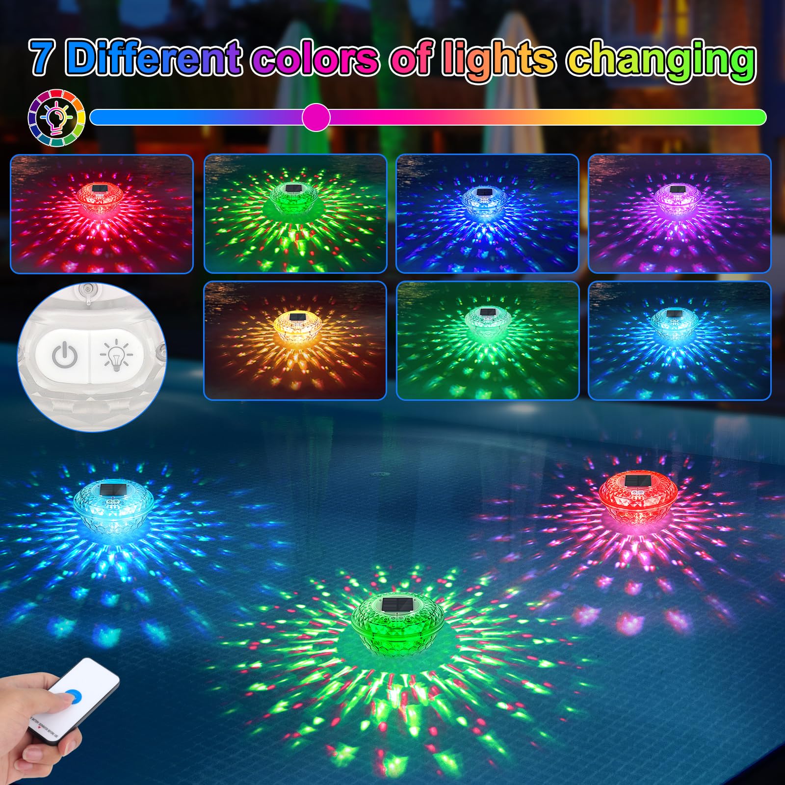 Dosierschwimmer Pool, 7 Farben Dosierschwimmer Whirlpool, Chlorschwimmer Pool mit Bunte Lichter, Solar Poolbeleuchtung mit Fernbedienung, für Hot Tub und Großraumpool, Einstellbare Freigabe