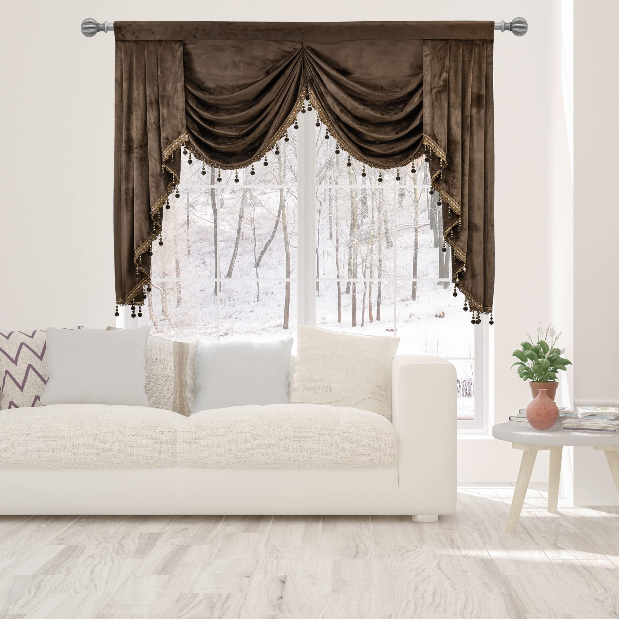 Photo 1 of OYRING Brown Velvet Window Valances for Living Room -Tassels Waterfall Valance for Bedroom Blackout Curtains for Baby's Room (1 Panel, Chocolate, W59 Inch)