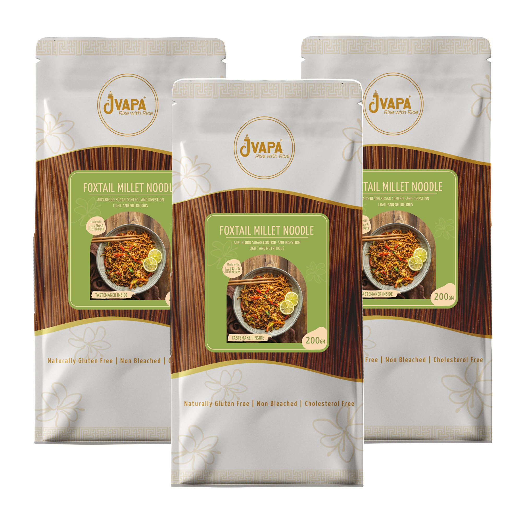 Jvapa Millet Noodles - Made with just Foxtail Millets & Rice | Naturally Gluten Free - 600 gm (200 gm x Pack of 3),Non Bleached, Low GI Noodles with Masala Seasonings