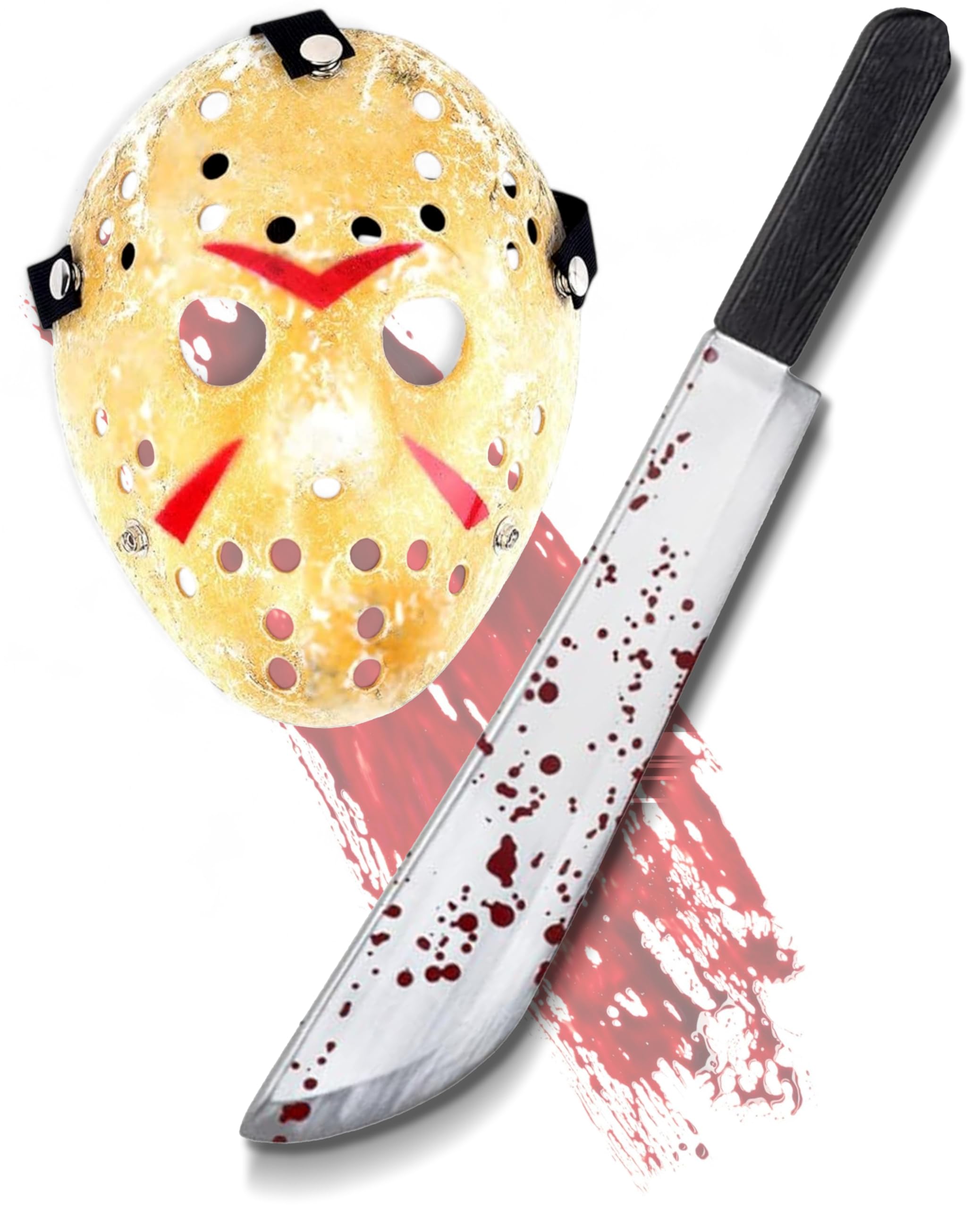 Mega_Jumble Adult Jason Voorhees Mask & Bloody Machete Props - Creepy Halloween Demon Killer Horror Scary Party Fancy Dress Costume (Jason Mask & Horror Machete)