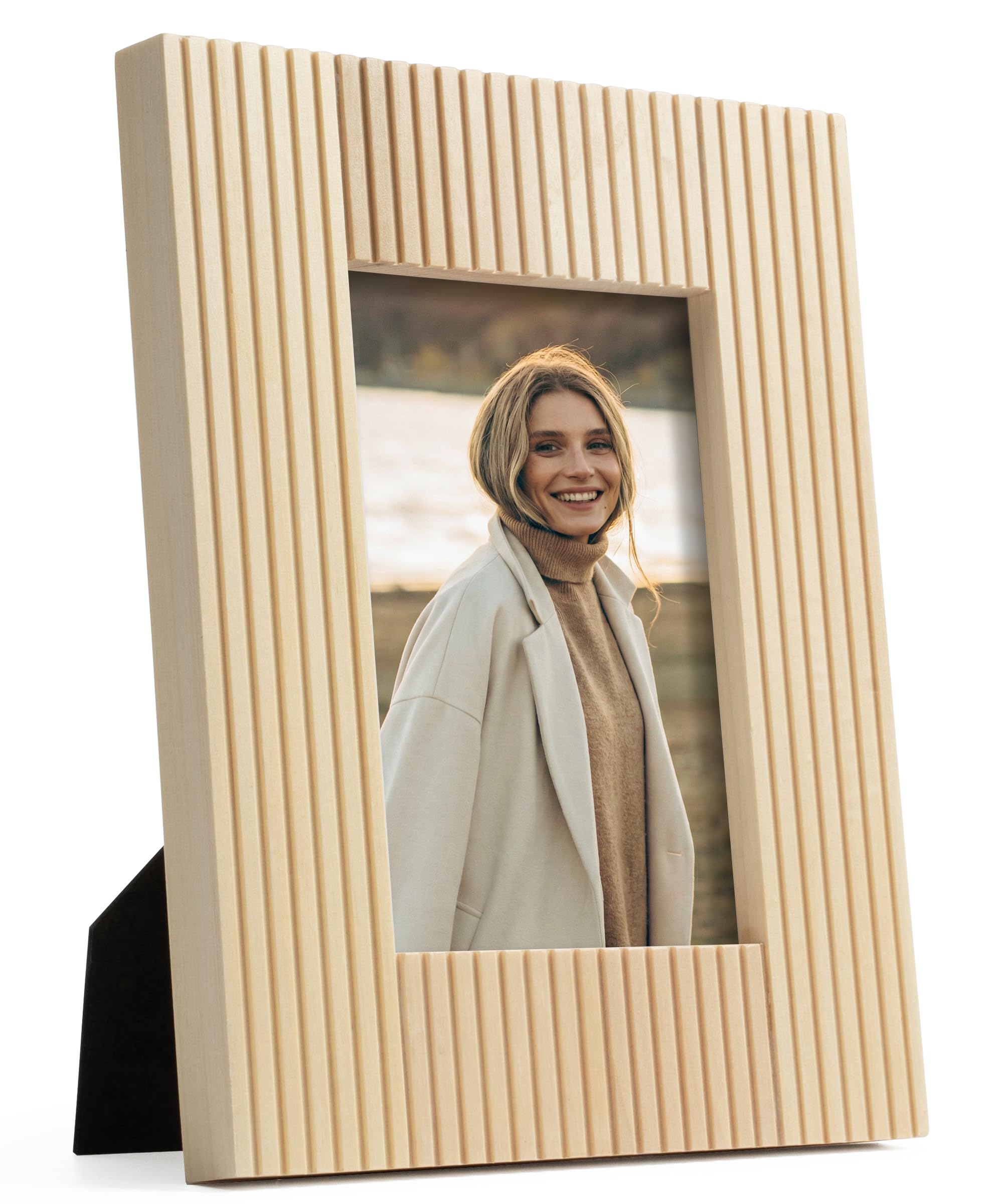 Afuly Photo Frame 7x5 Wooden Picture Frames Modern Boho Picture Frame Family Photo Frames Natural Solid Wood Slatted Grille Design & Glass Front For Wall Or Desk Decor Birthday Gifts For Women