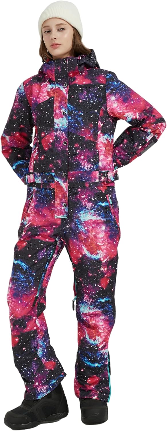 Womens One Piece Ski Suit Colorful Snowboard Snowsuits Jumpsuits Waterproof Hooded Warm Jackets Winter Outdoor