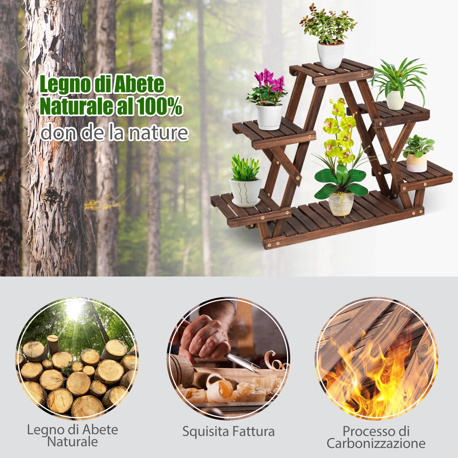 RELAX4LIFE Scaffale per Piante in Legno di Abete a Doghe, Portafiori a 3 Strati, Espositore Multiuso da Interno ed Esterno (Modello 11)