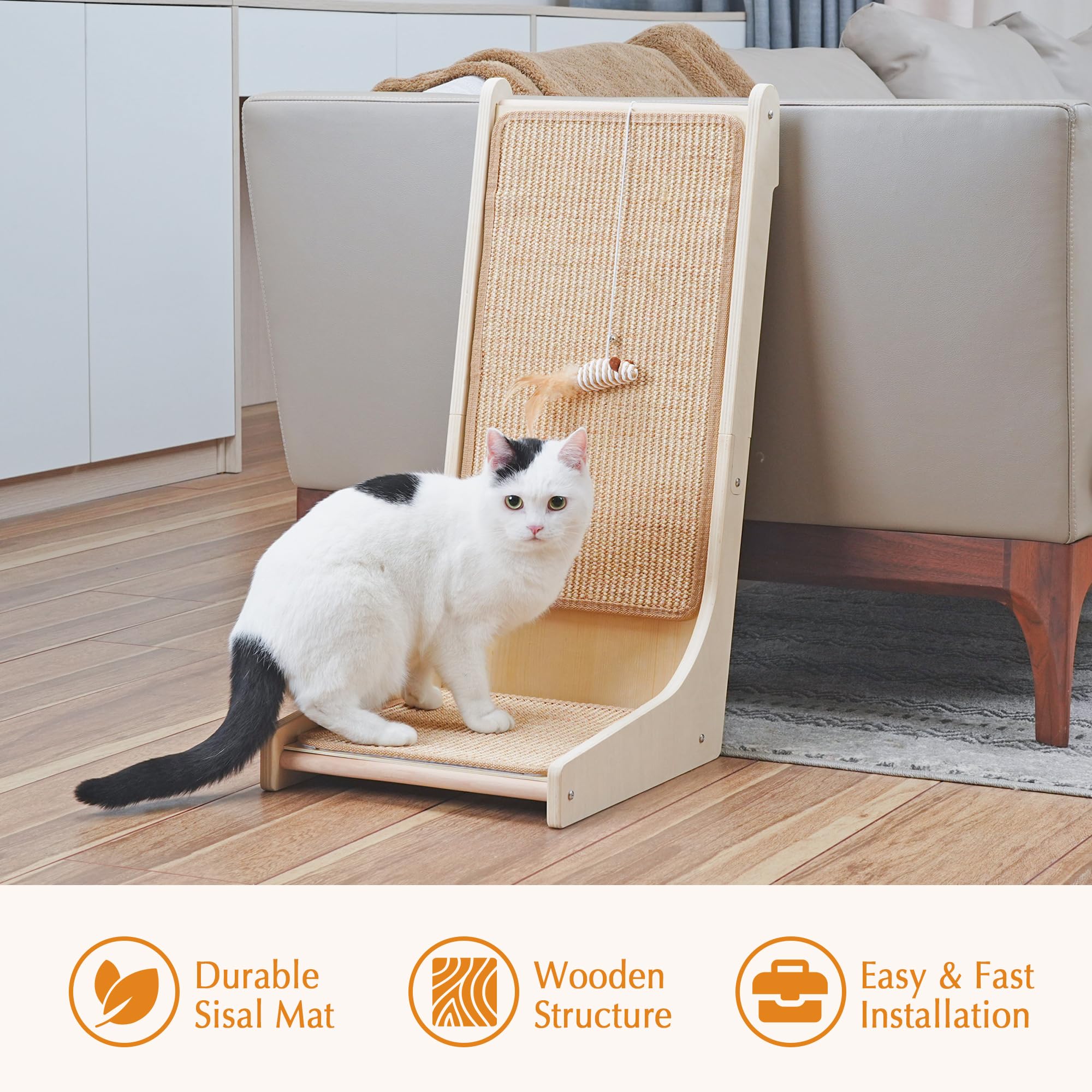 Grattatoio per gatti 105°, Tappetino in sisal per gattini, Tavola per graffiare a forma di L per gatti da interno, Grattatoio montato a terra con giocattolo a forma di topo e erba gatta