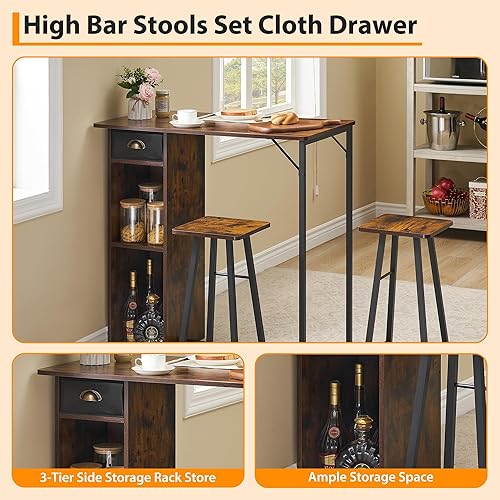 Miniatura 3 de Juego de mesa de comedor de 3 piezas para 2, mesa de comedor de altura de mostrador con estantes de almacenamiento y 2 taburetes, muebles de cocina