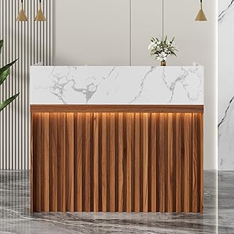 UEV Modern Reception Desk with Counter, 47“ Front Desk Reception Room Table with Cable Grommet, Marble Texture Top Front & Led Lights, Retail Counter for Beauty Salon, Checkout, Home Office