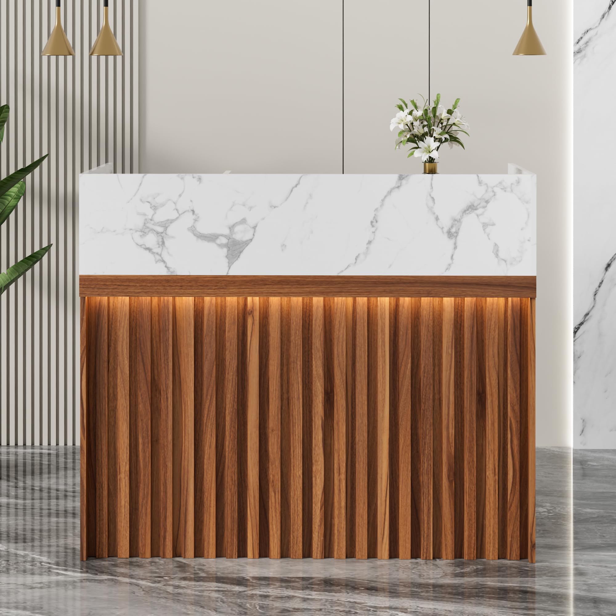 UEV Modern Reception Desk with Counter, 47“ Front Desk Reception Room Table with Cable Grommet, Marble Texture Top Front & Led Lights, Retail Counter for Beauty Salon, Checkout, Home Office