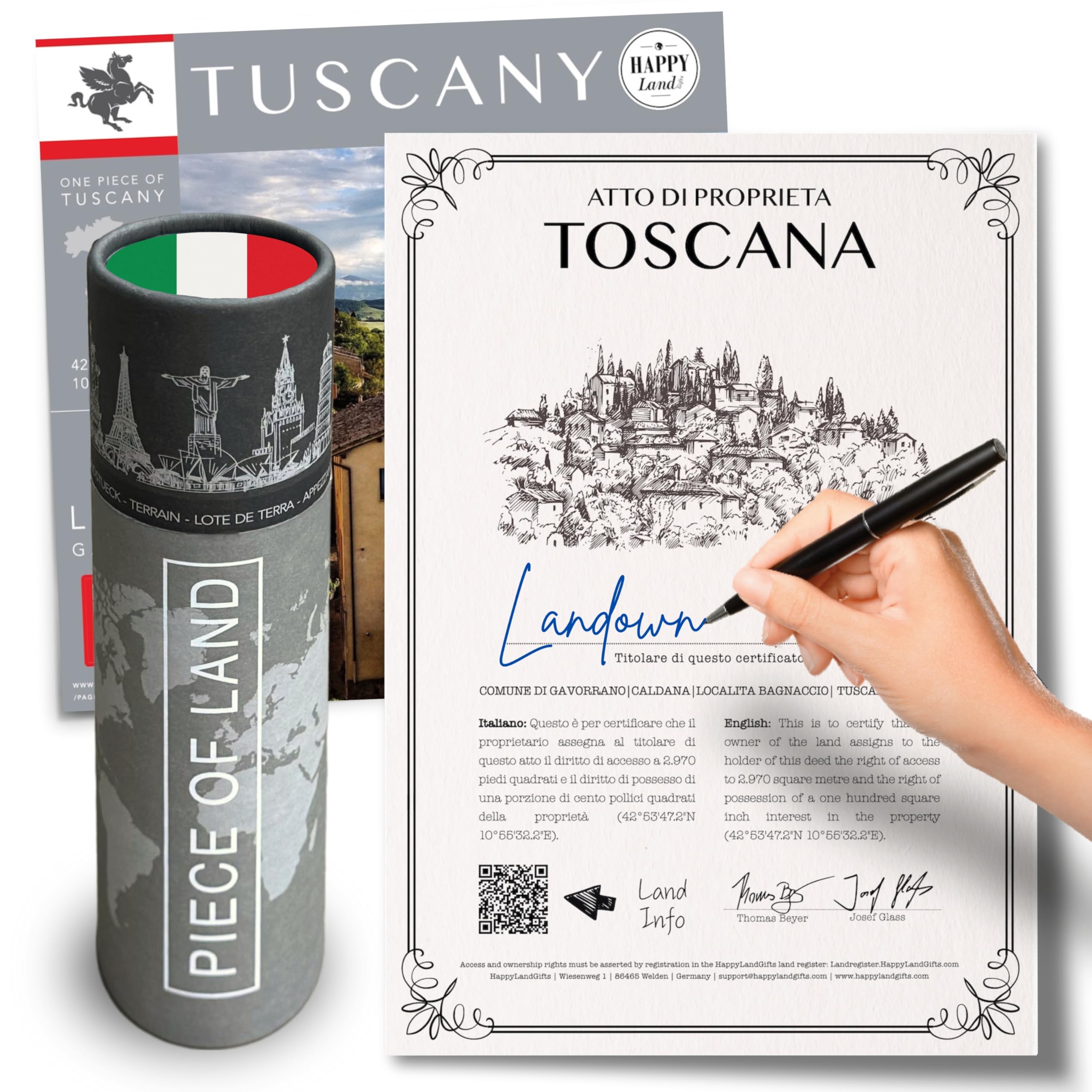 Tuscany Gifts | Real Piece of Tuscany | Italian Gifts | Highly Unique Gift idea | Blank Certificate to Write in The Name of Your Choice | for Women, Men, Birthday, Anniversary, Wedding