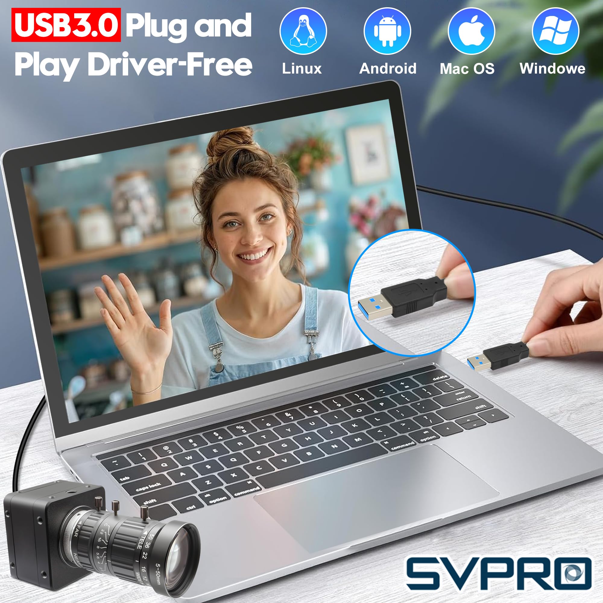 Svpro Webcam da 12 MP, USB 3.0, ad alta velocità, 1080p/230fps, 4K/60fps, messa a fuoco manuale, con obiettivo zoom da 5-50 mm, fotocamera UVC per Windows, Linux, Mac, Android