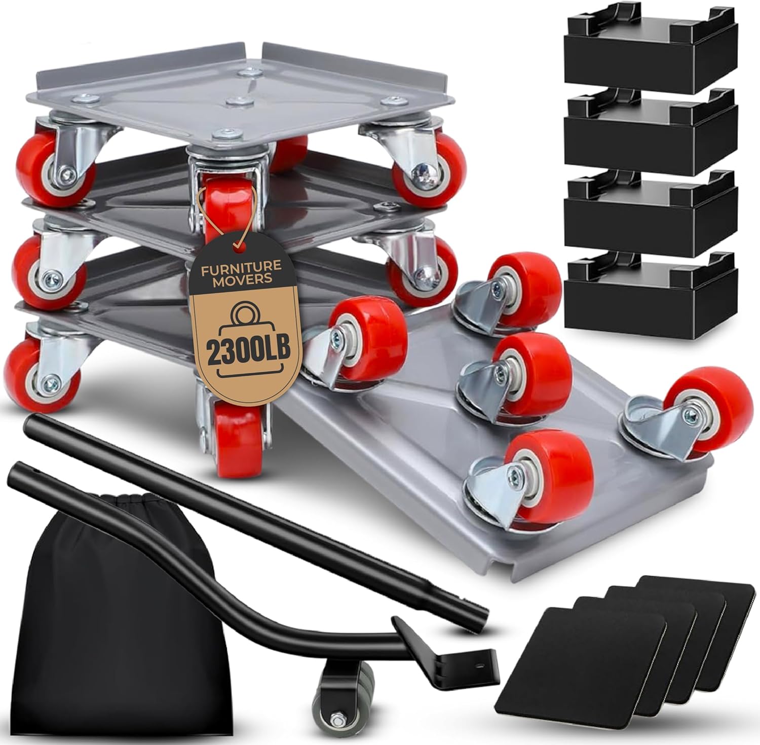 5 Wheel Furniture Dolly Set – 4 Rollers (2w/Brakes) & Lifter, 1,650lb Capacity, 360° Rotation, Floor?Safe, Gloves & Bag 2300