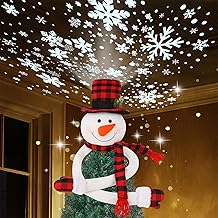 Juegoal Christmas Snowman Tree Topper with Built-in Snowflakes LED Projector, Plush Top Hat Snowmen Treetop Hugger with Rotating Magic Snow, Xmas Tree Ornament Holiday Winter Home Party Decorations