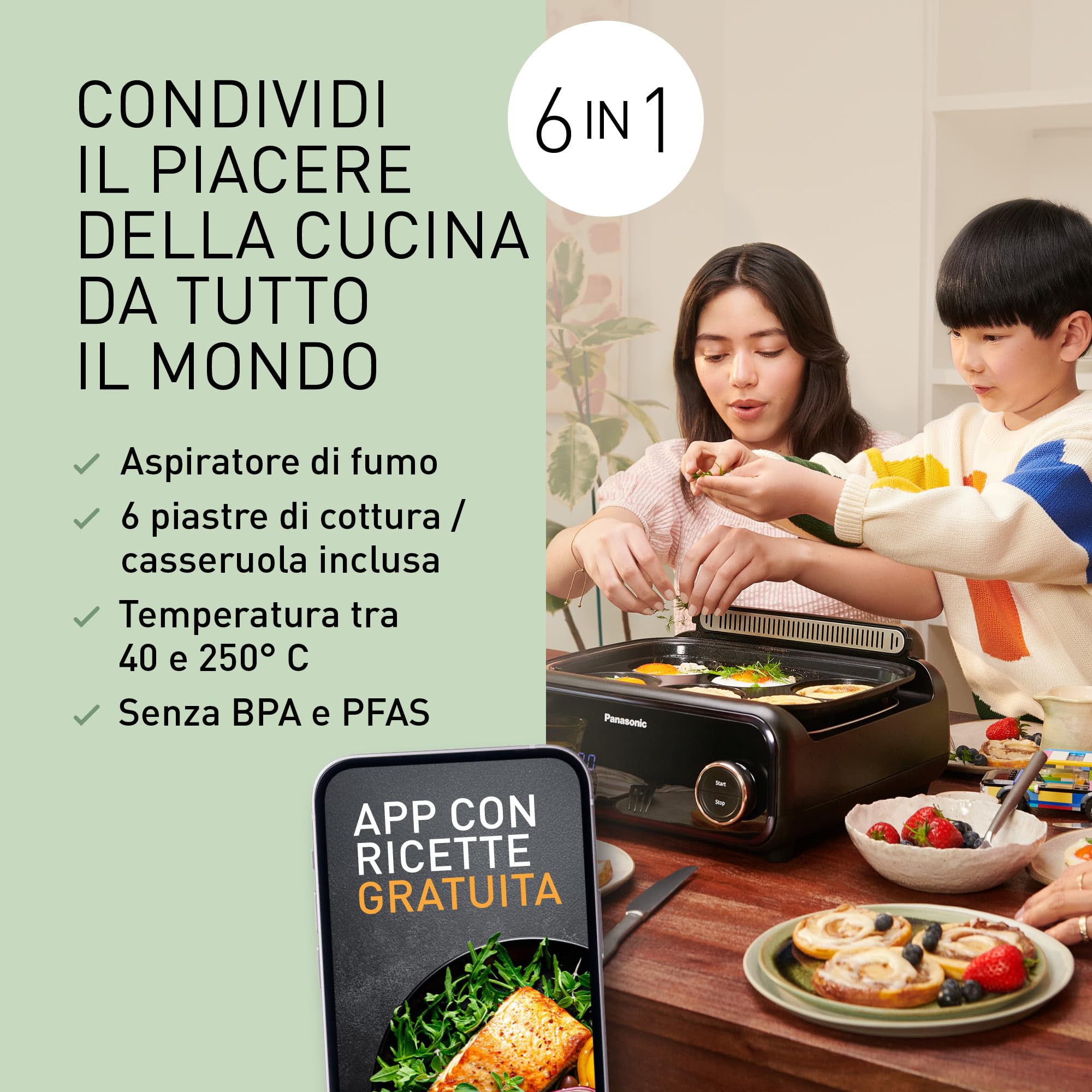 Panasonic NF-GM600 Multi-Cooker Elettrico 6-in-1, Griglia elettrica, Friggere, Cottura Lenta, BBQ, Vapore, Saltare, 1400W, 40–250°C, 9 Modalità Auto, Piastre lavabili in lavastoviglie