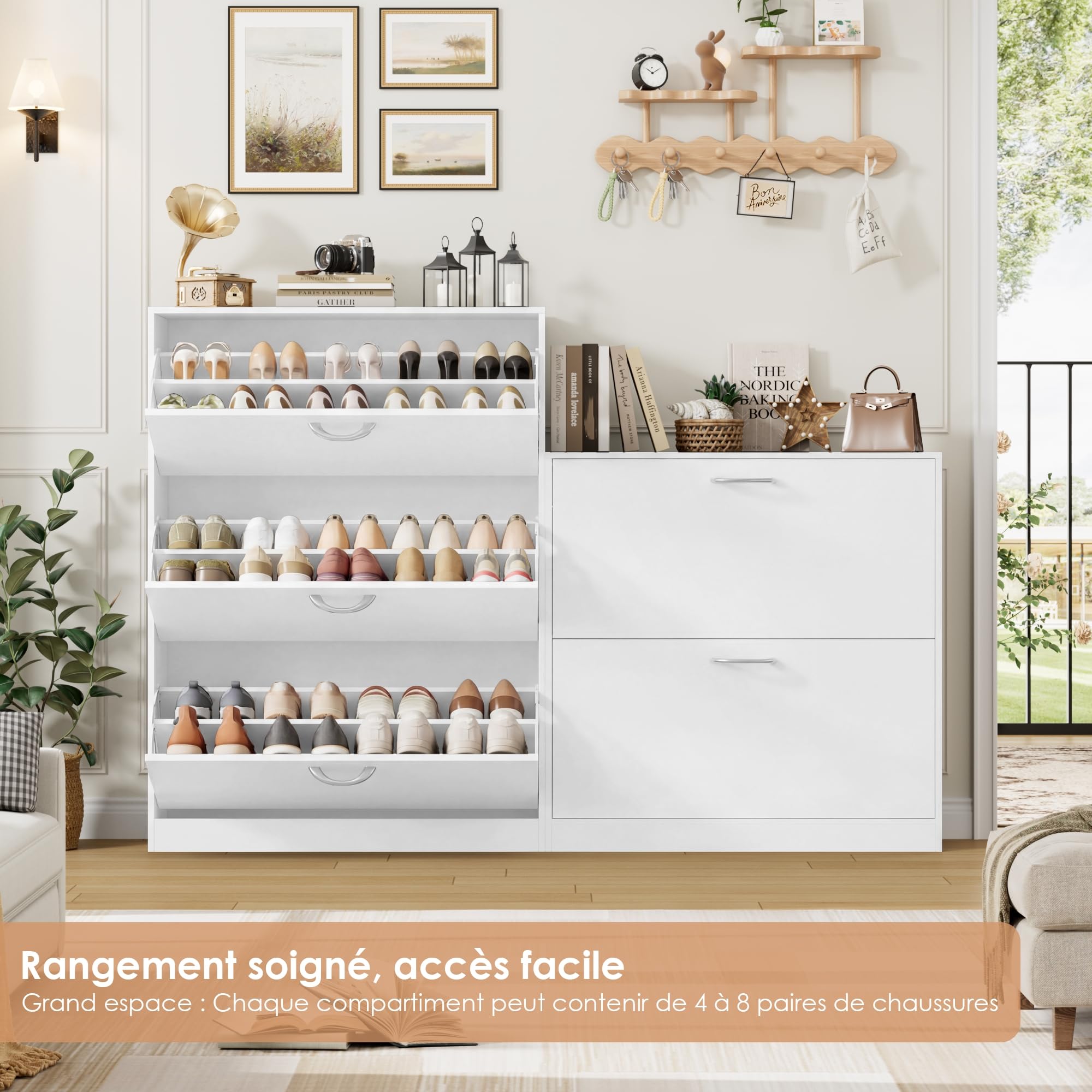 FirFurd 108cm Meuble Chaussure Entree avec 3 tiroirs Rabattables Blanc