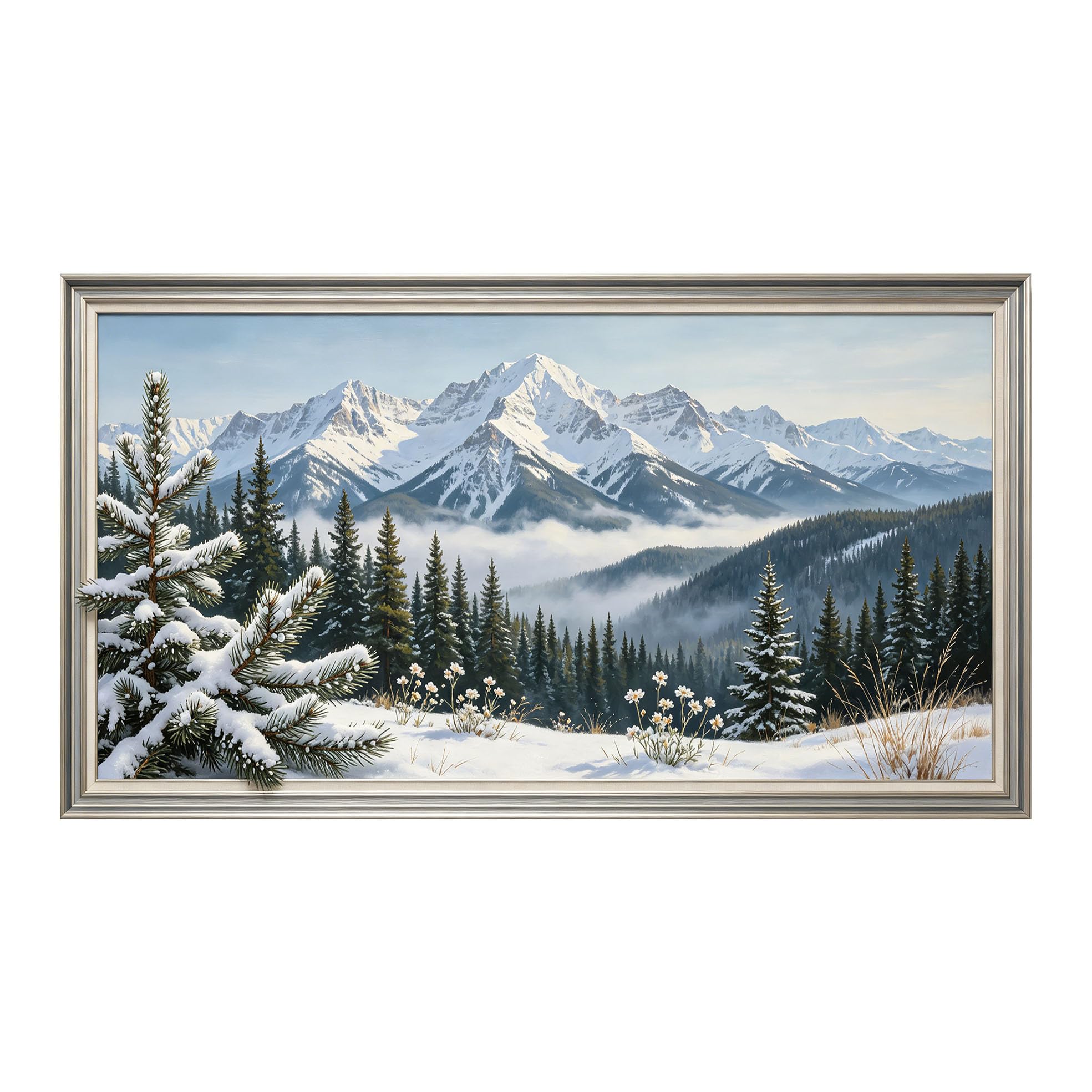 Yzpallescene 3D Framed Wall Art 50cm×100cm Snowy Mountain Peak Pine Forest Panoramic Realistic Landscape Large Size SelfAdhesive Removable Wall Decor Prints Artwork for Living Room Bedroom Office