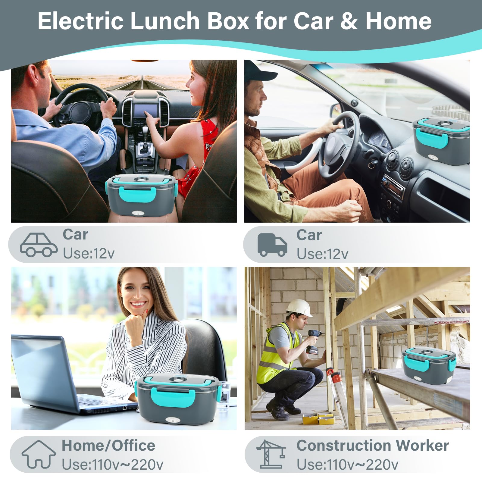 VMUTGA Scaldavivande Elettrico Portatile 60W 1,5L Porta Pranzo Riscaldabile 12V/24V/220V~240V Lunch Box Termico per Auto Camion e Ufficio