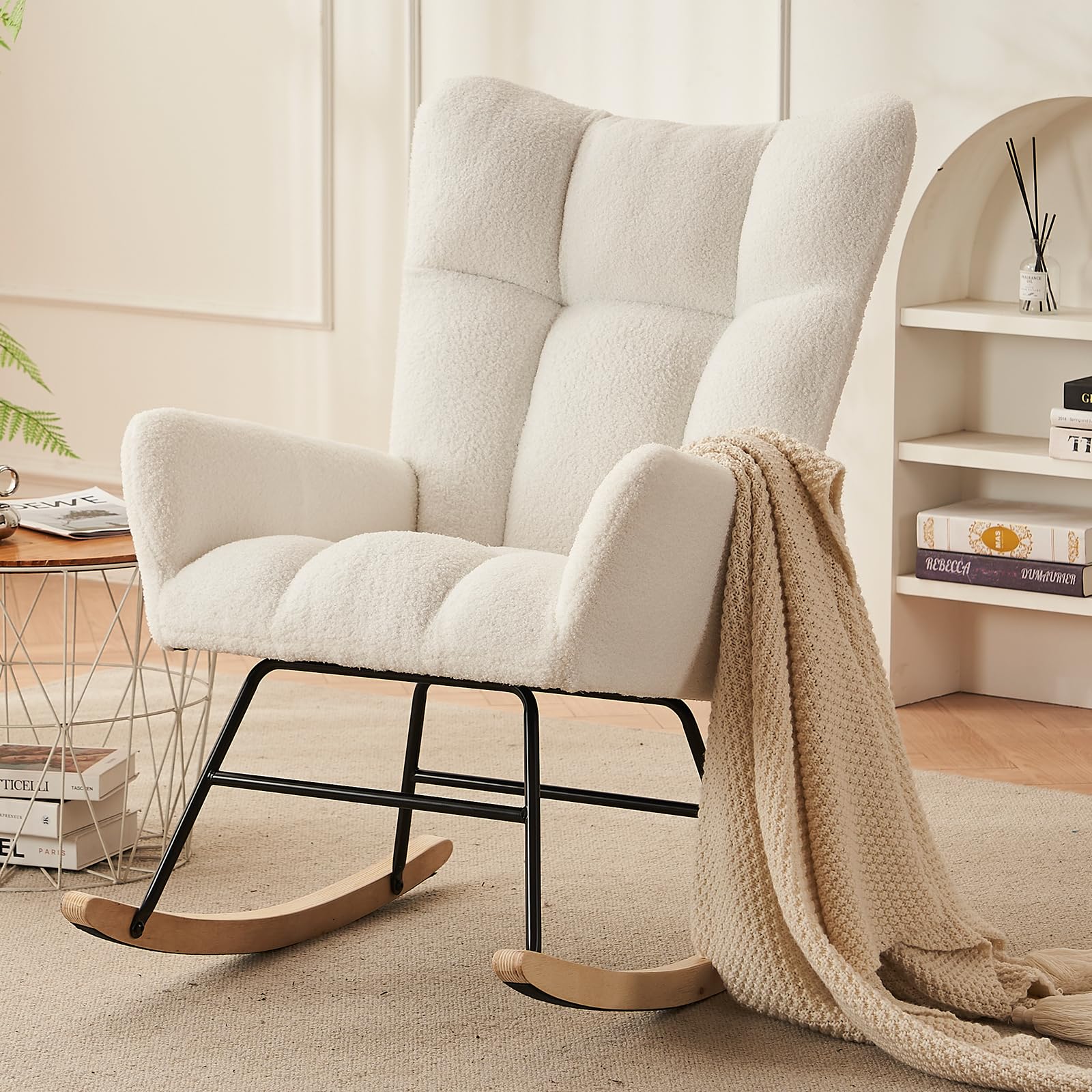 NIOIIKIT Nursery Rocking Chair, Teddy Upholstered Glider Rocker with Metal Legs, High Backrest Rocking Accent Chair, Comfy Armchair for Living Room, Bedroom, Office (White Teddy)