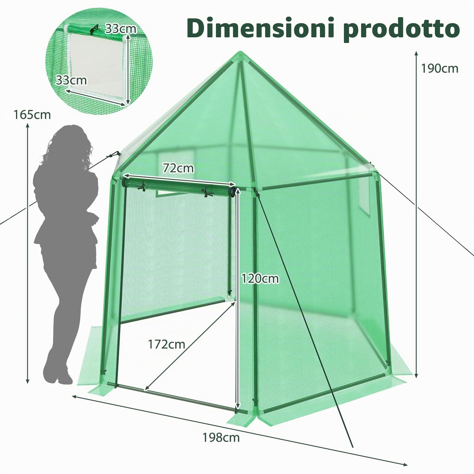 HOMASIS Serra da Balcone in PE, Serra da Giardino con Porta a Rullo, Finestra, 3 Corde e 4 Chiodi, Telaio, Casetta Invernale per Pomodori, Orto, Piante, 198 x 172 x 190 cm, Verde