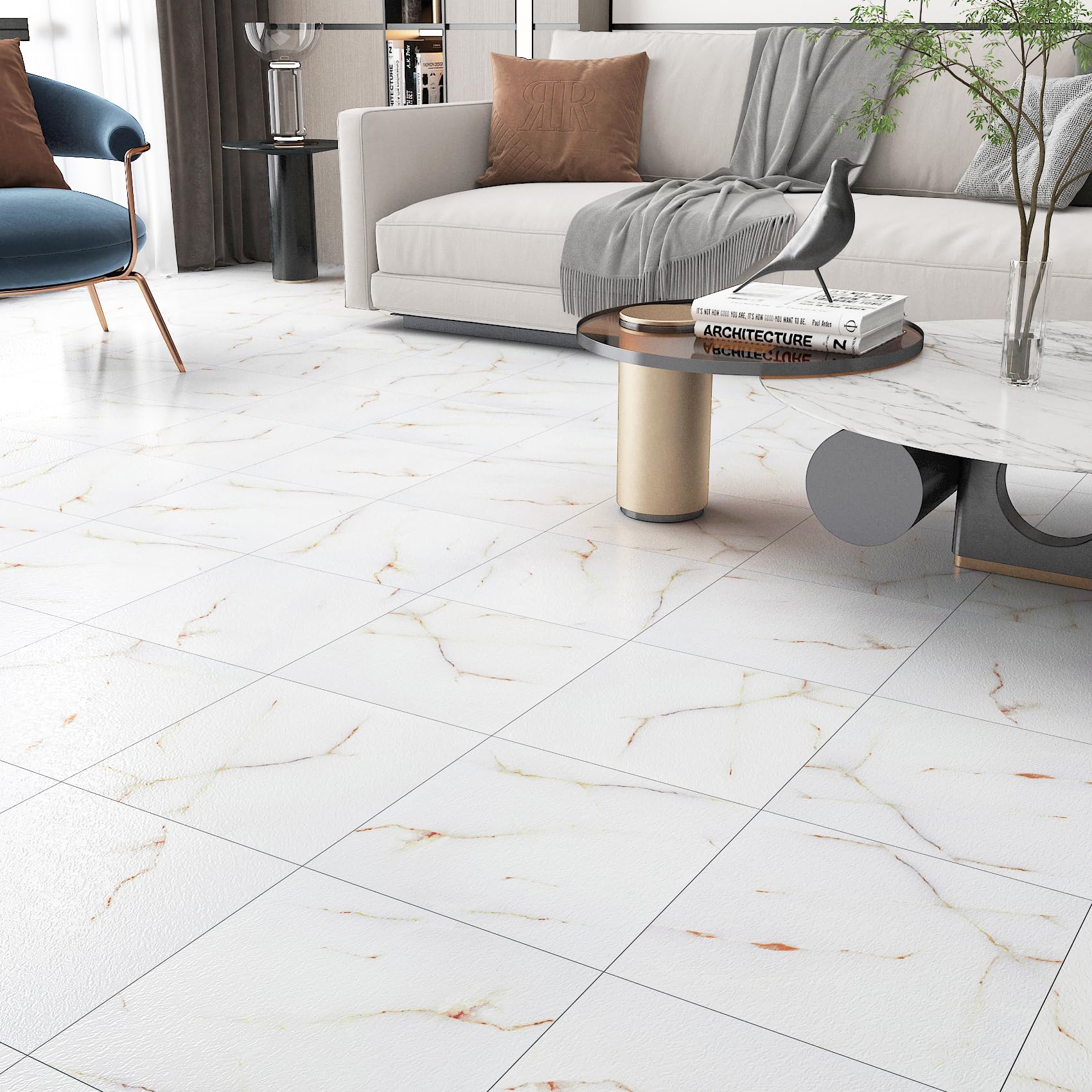FunStick 30X30CM 30 Piastrelle Adesive Pavimento Effetto Marmo Pavimento PVC Adesivo Cucina Bagno Mattonelle Adesive Marmo Balcone Impermeabile Rivestimento Piastrelle PVC Adesive Bianco e Giallo