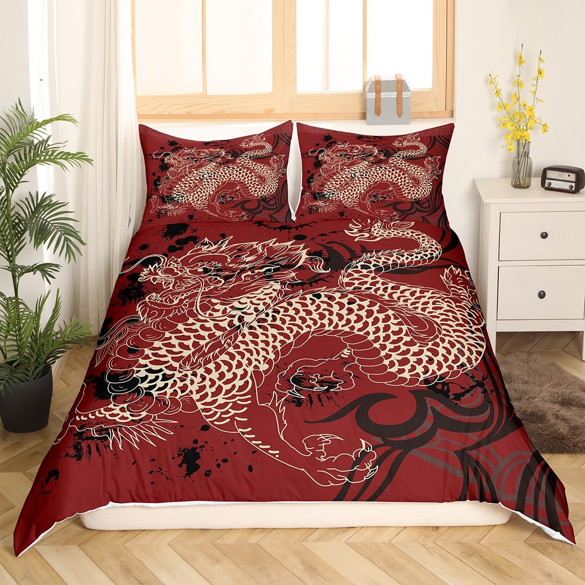 Homemissing Dragon Duvet Cover Boys Girls Traditional Element Bedding Set For Kids Chinese Dragon Comforter Cover Set Red Black Bedspread Cover Decor Bedclothes Zipper Single - Image 4