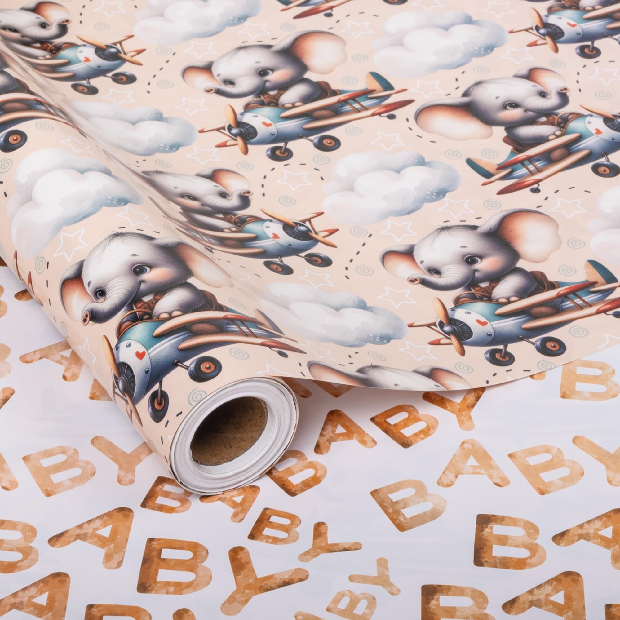 Altarho Reversible Baby Elephant Wrapping Paper Roll For Kids Boys Girls Elephant in Airplane with Baby Words Design Gift Wrap Sheets for Neutral Baby Shower Birthday Party Decoration Total 28.5sq.ft โ image 1