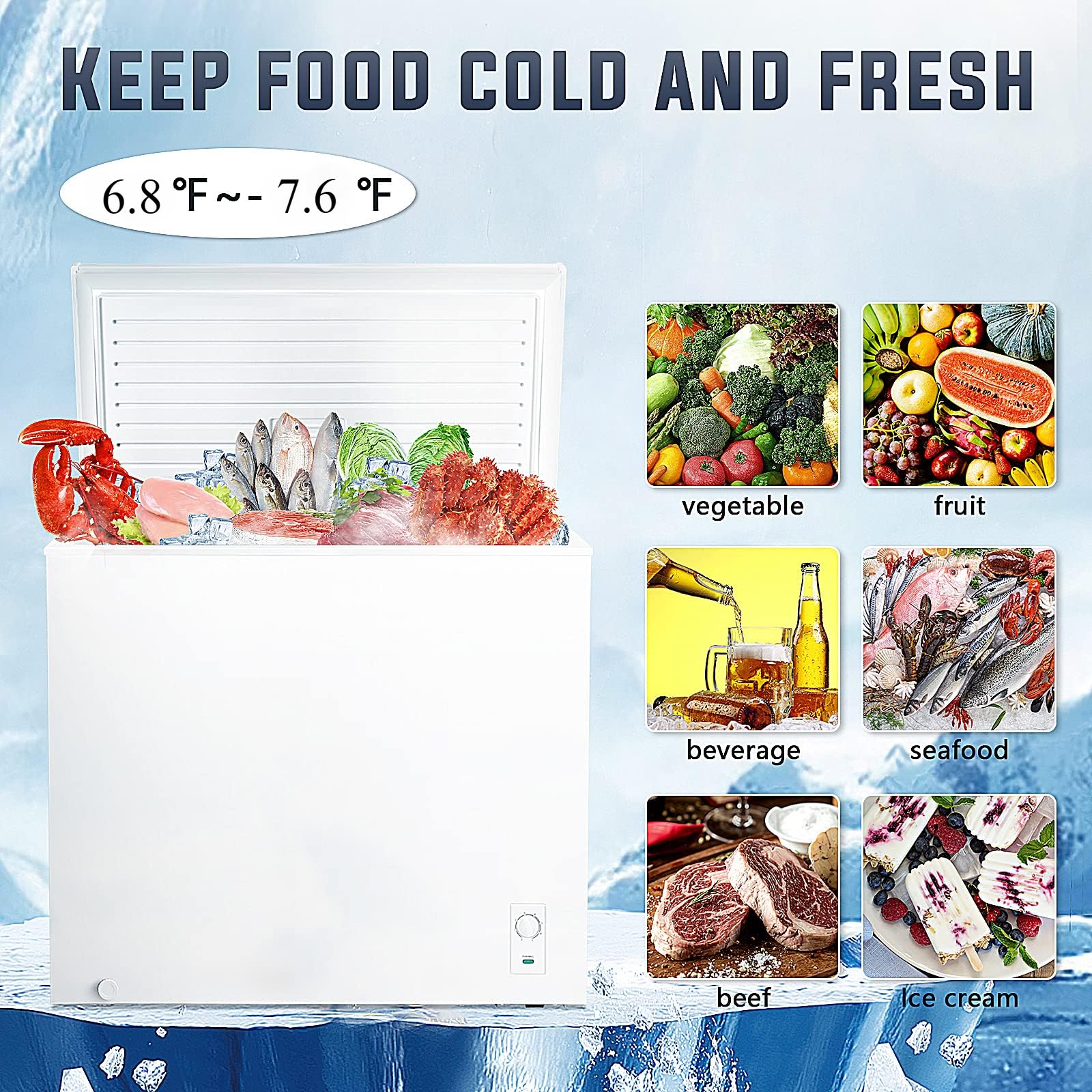 Antarctic Star 7.0 Cu. Ft Chest Freezer 6.8℉To -4℉ Free Standing Top Open Door Compact Freezer With Adjustable Temperature Defrost Water Drain/Power Saving White on Fridge.com - View 4
