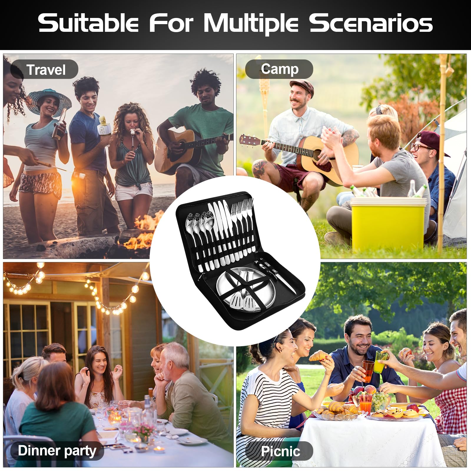 Campingbesteck Set für 4 Personen - Edelstahl Camping Geschirr Set für Outdoor, Picknick und Reisen - mit Edelstahl Messer, Gabel, Löffel und Teller, Tragbares Besteck Inklusive Bestecktasche