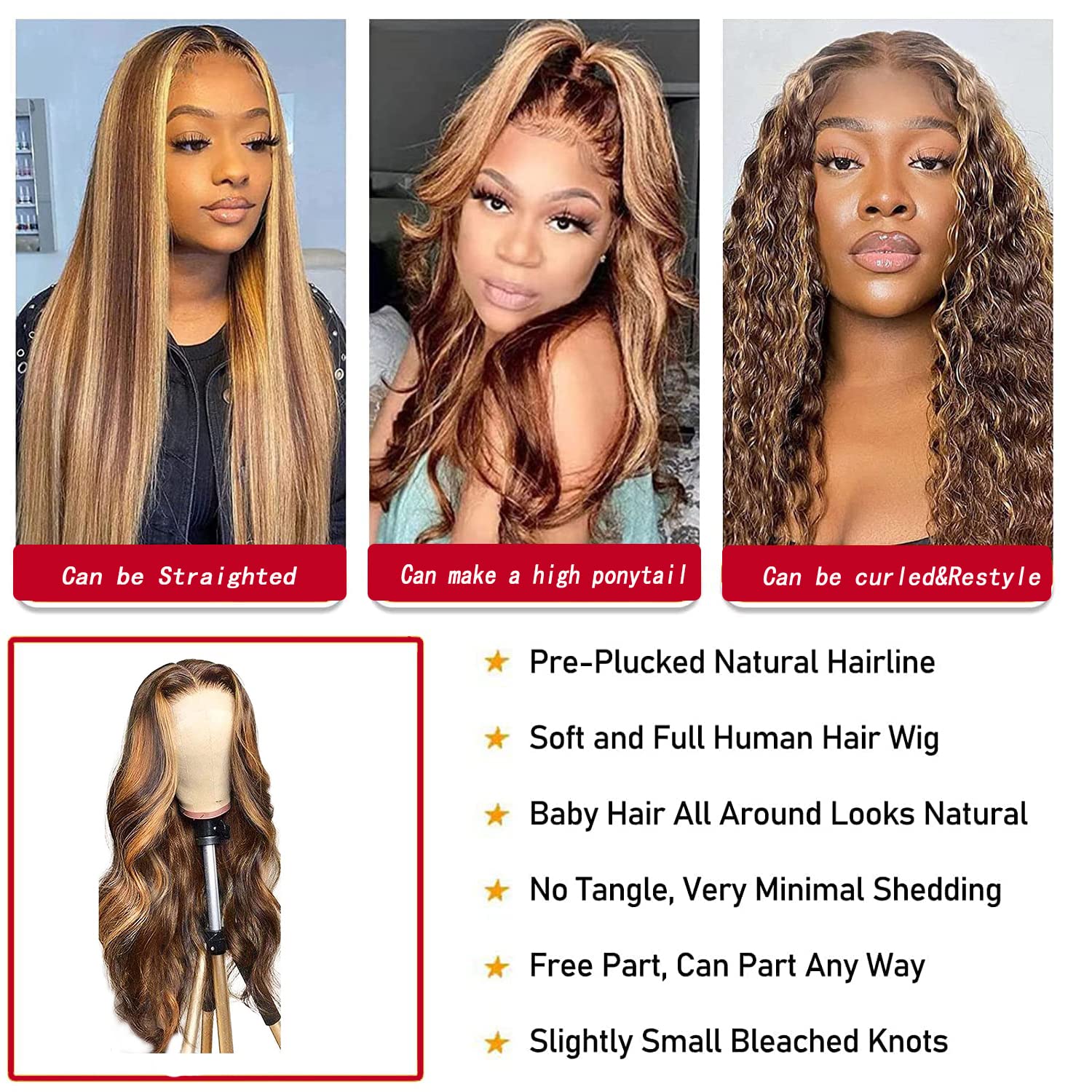 Highlight Ombre 13x4 HD Lace Front Wig Human Hair Pre Plucked Transparent 4/27 Honey Blonde lace frontal Wigs with Baby Hair 150% Density Colored Body Wave Lace Front wig Human Hair 30 Inch