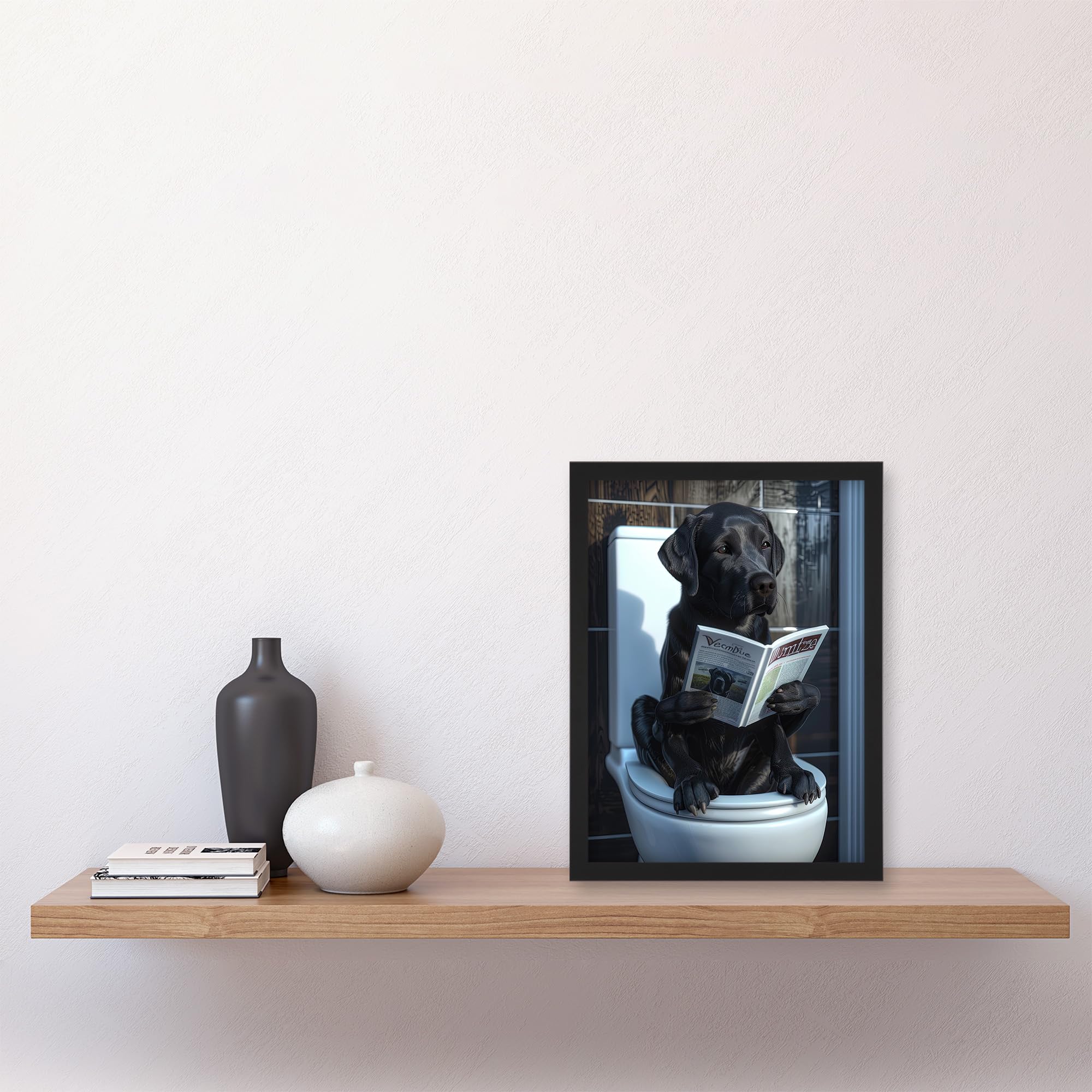 Artery8 Dog Lover Funny Black Labrador Reading on Toilet For Bathroom Artwork Framed Wall Art Print A4, Framed A4, 32.3L x 23.4W cm - Image 4