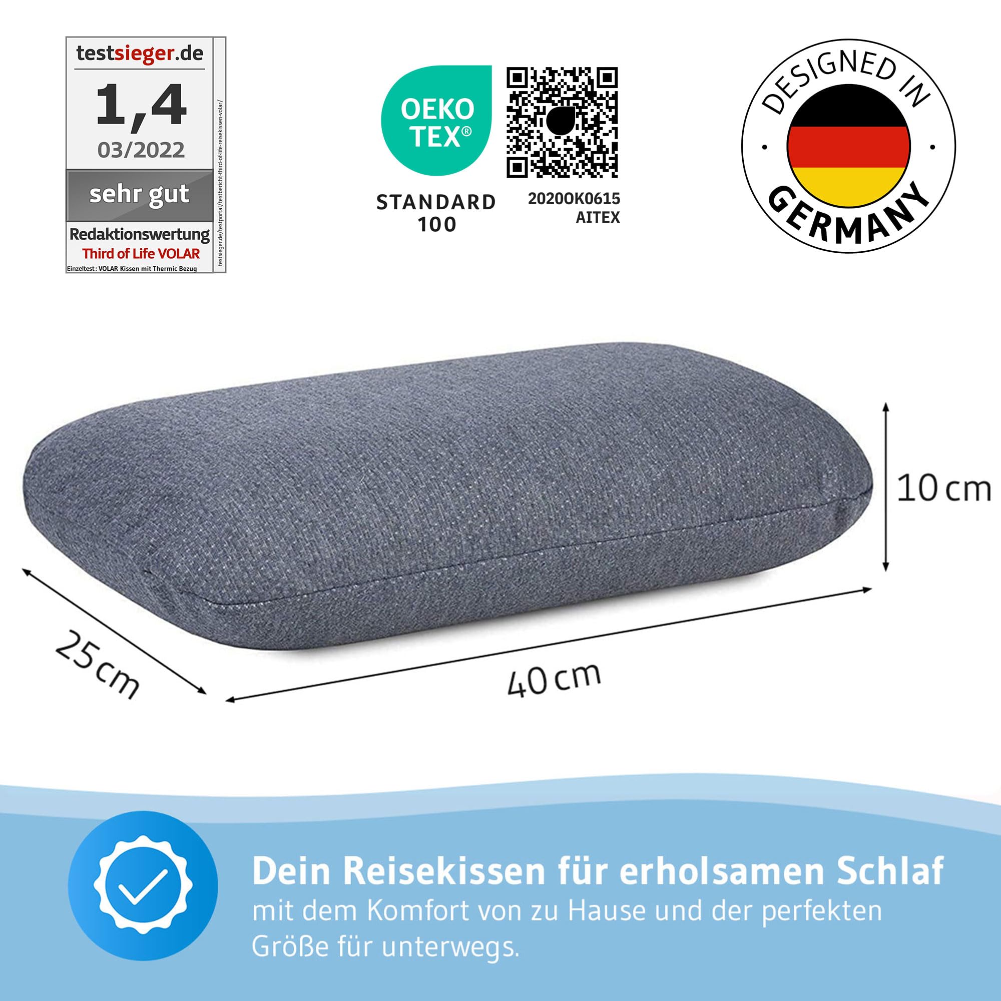 Reisekissen Volar QuickDry mit Kissenbezug Elfenbein-weiß im Doppelpack, Ergonomisches Memory Foam Nackenkissen für Flugzeug/Auto mit schnelltrocknendem Thermo-Bezug, Kleines Camping Kopfkissen 40x25