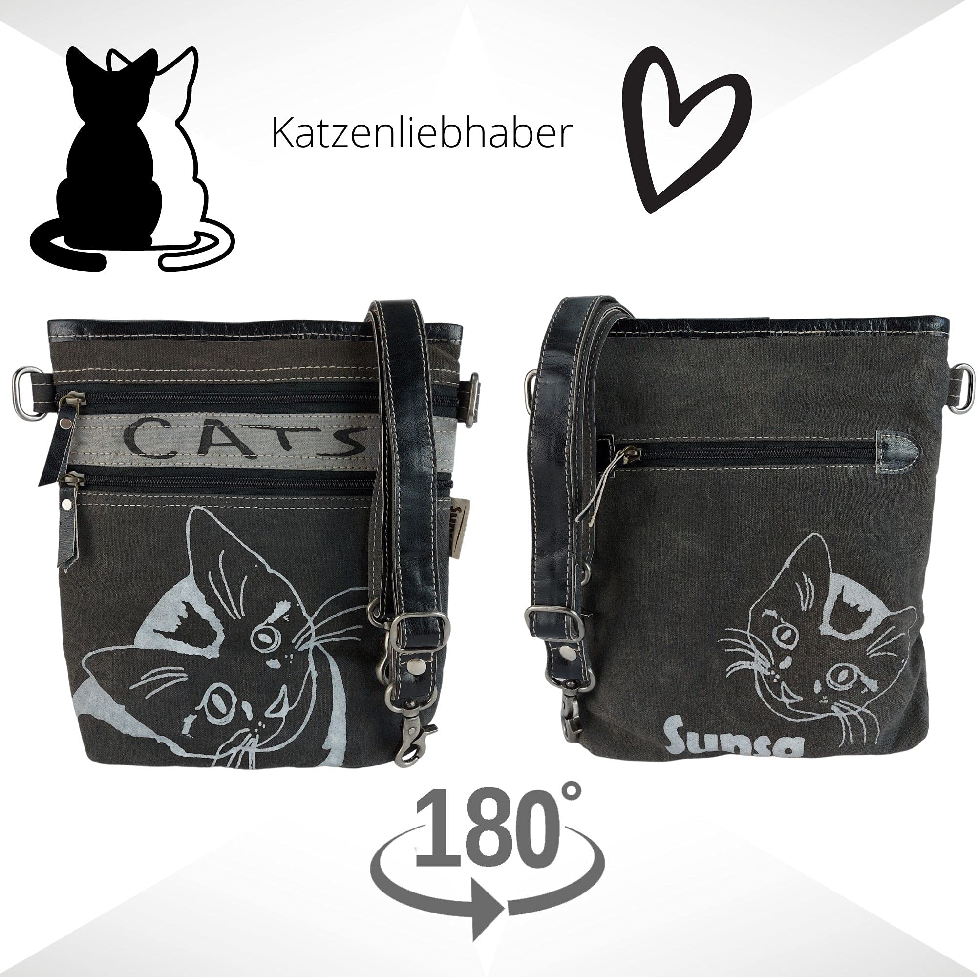 Sunsa Damen Tasche mit Katzenmotiv. Vintage Umhängetasche aus Canvas & Leder. Schultertasche für Katzenliebhaber. Crossover bag als Geschenkideen für Frauen