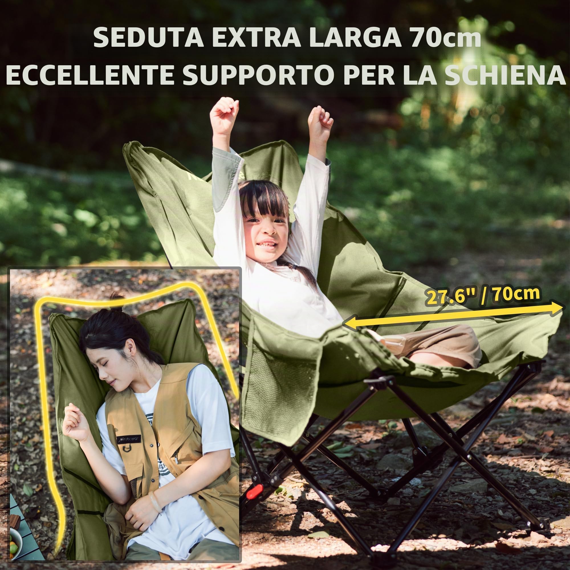 Naturehike Sedie da campeggio di lusso per adulti, portatili, resistenti, con schienale alto, sovradimensionate, pieghevoli, comode, imbottite, 3 cm, caricabili, 120 kg, campo regolabile (verde)