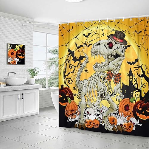 Miniatura 3 de Divertida cortina de ducha de Halloween, diseño de calavera gótica, esqueleto de dinosaurio, calabaza malvada para niños y niñas, juego de cortina