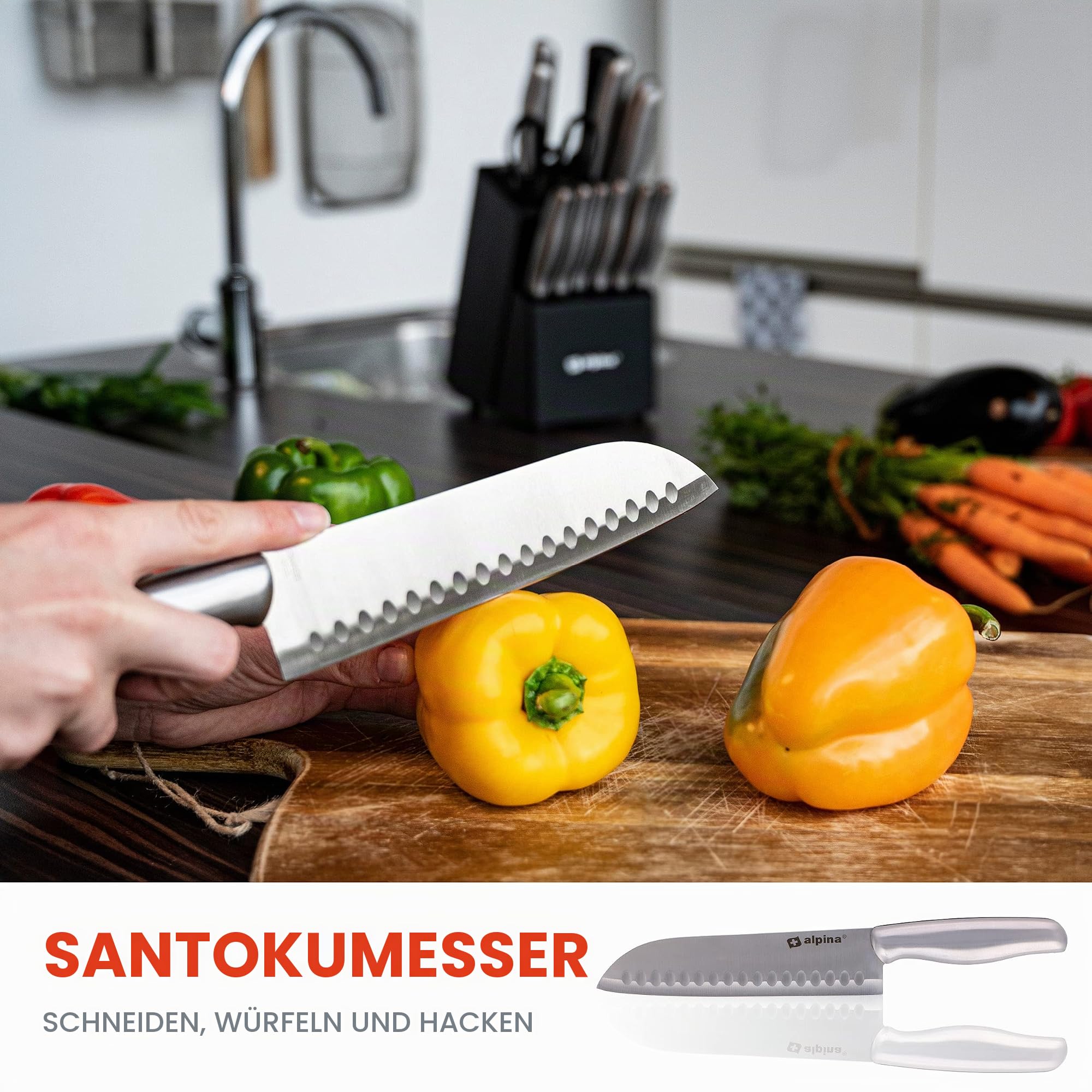 alpina Messerblock 15-Teilig - Messerset mit Block - Küchenmesser Set - 12 Verschiedener Messer - Inkl. Schärfer und Schere mit Antihaftbeschichtung - 29 x 13 x 35 CM - Edelstahl