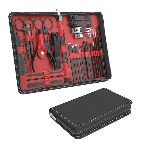 Cater Kit de cortaúñas de manicura, juego de aseo de uñas de acero inoxidable de 31 piezas con lujoso estuche de viaje (rojo)