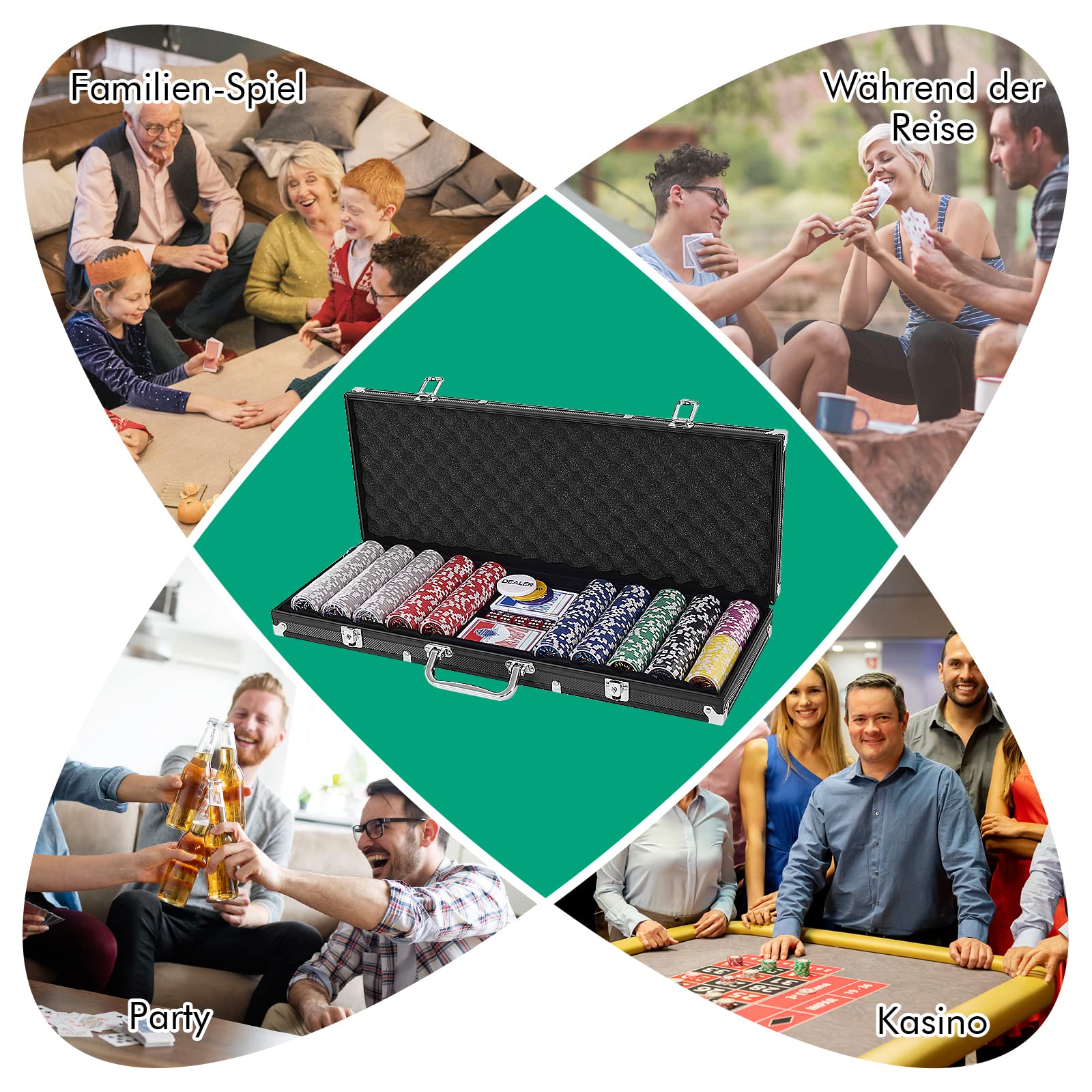 DREAMADE Pokerset mit 500 Laser Pokerchips & Aluminiumkoffer & 2 Kartendecks & 5 Würfel & 3 Dealer Button & Tischtuch, Profi Pokerspiel, Poker Set (Schwarz)