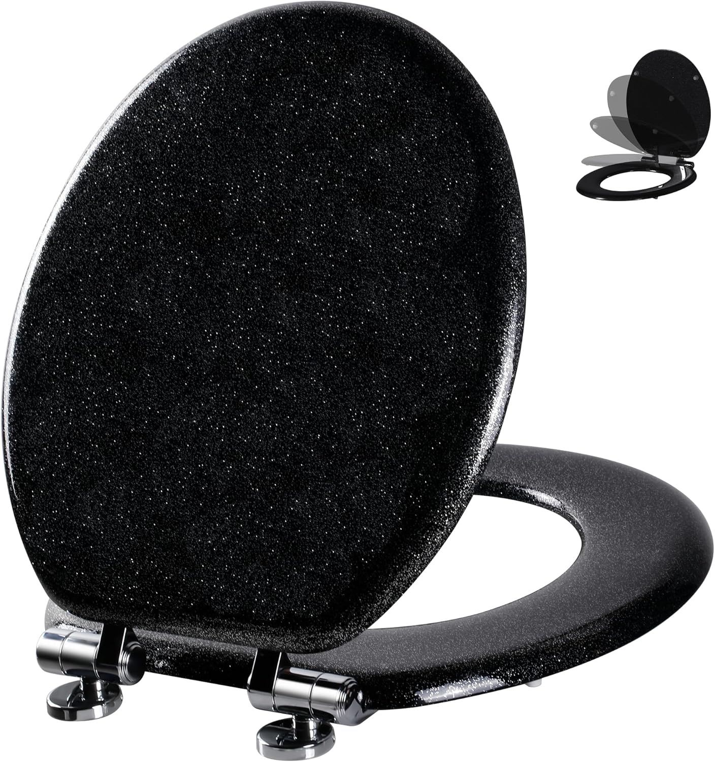 Angol Shiold Glitter Toilet Seat Molded Wood Round Toilet Seat with Quietly Close and Quick Release Hinges, Easy to Install also Easy to Clean (Round 16.5'', Black) Round 16.5‘’ Black