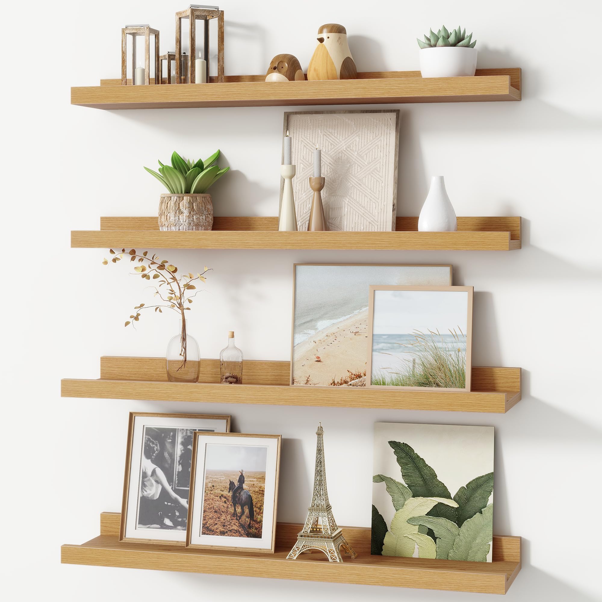 Picture Ledge Shelf, Floating Shelves Set of 4, 24 Inches Long Large Nursery Book Shelves for Toys Storage, Kids Bookshelf Wall Mounted for Living Room Bedroom Decor Books Photo Frames, Natural Oak