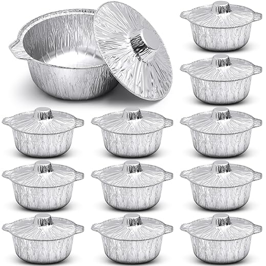 12 Pcs Disposable Aluminum Pot with Lid Round Foil Pans Disposable Cookware Food Container for Vacation Trips Camping Baking Heating Cooking (33.8 oz)