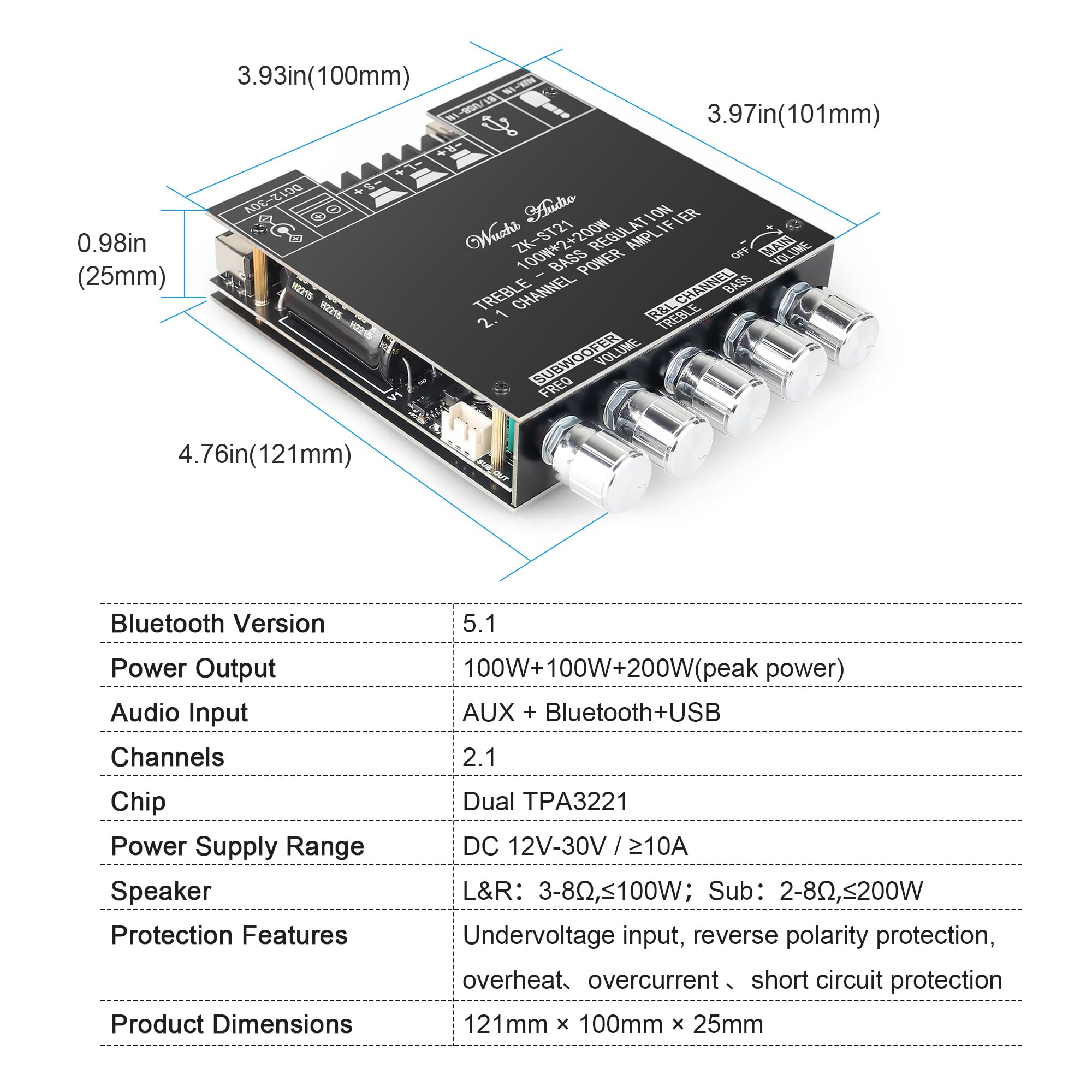 ZK-ST21 100Wx2+200W 2.1Channel Bluetooth Amplifier Board with