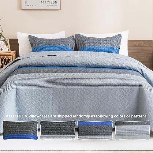 Miniatura 4 de Litanika Colcha de verano de 3 piezas, tamaño Queen, color azul y gris, diseño de retazos a rayas, juego de ropa de cama acolchado de microfibra