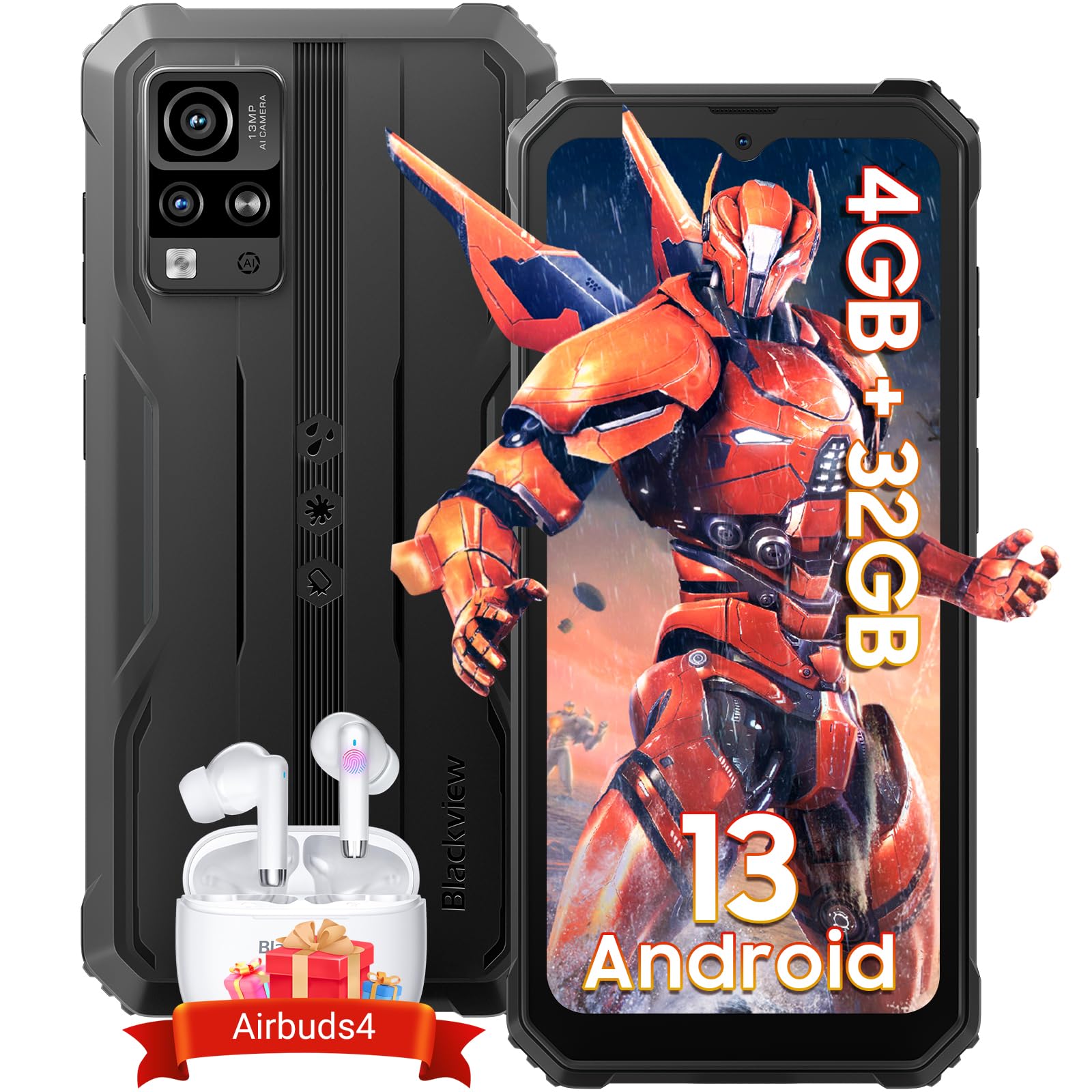 Blackview Rugged Phone, BV4800 4GB+32GB/2TB Expand, Rugged Smartphone Android 13, 5180mAh Battery, 13MP Waterproof Phone, 6.56''HD+, 4G Dual SIM Mobile Phone Unlocked, Face ID, Glove Mode -Black