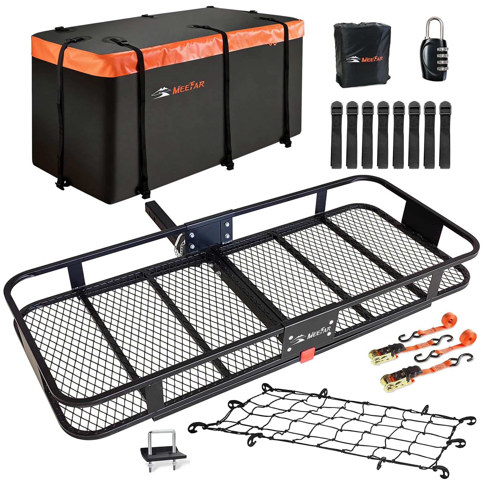 folding hitch mount cargo carrier basket 60" x 25" x 6"+waterproof cargo bag 25 cubic feet(60" 24" 31"),hauling weight capacity of 500 lbs and a folding arm with hitch stabilizer,net and straps