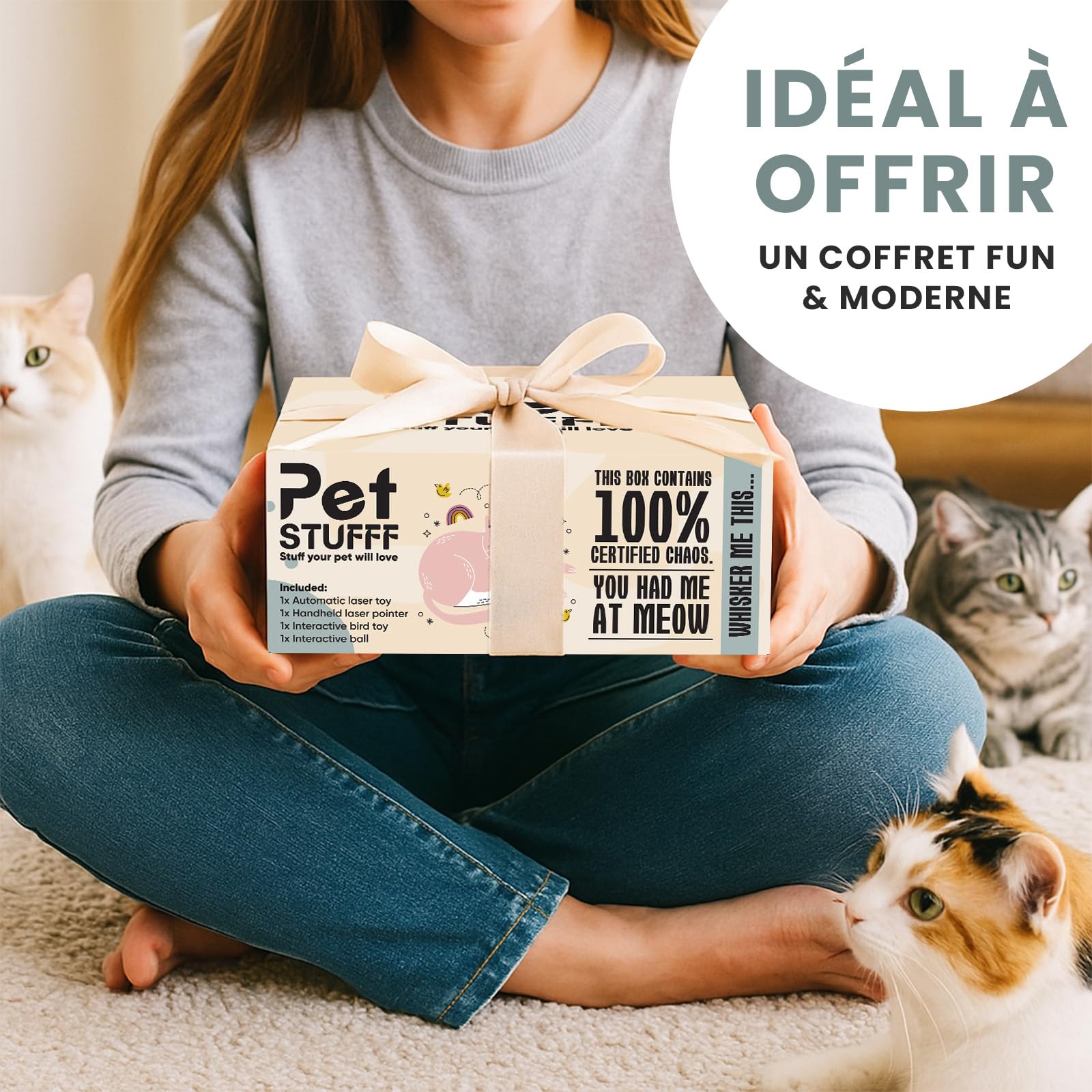 Coffret 4 Jouets Interactifs pour Chat avec Herbe à Chat | Laser Automatique Rotatif, Laser Manuel, Balle Interactive, Oiseau Volant avec Catnip | Pack Anti-Stress et Stimulation Féline