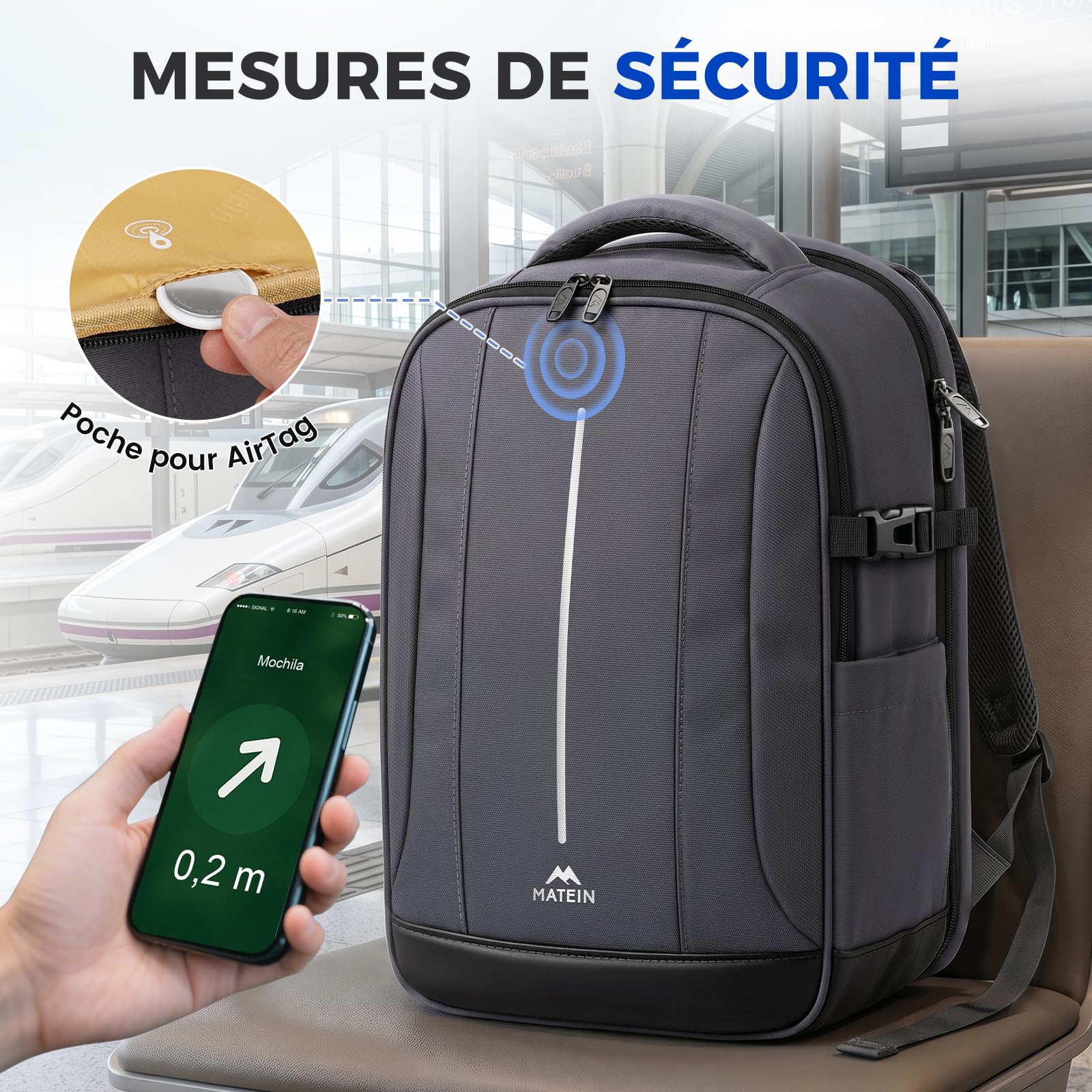 MATEIN Sac à Dos Ordinateur Portable 15.6 Pouces, Sac a Dos Homme Travail | Sac a Dos Antivol Imperméable avec Poches Accessoires, Serrure TSA, Sac a Dos PC Portable pour Travail, Voyage, Cadeau, Gris