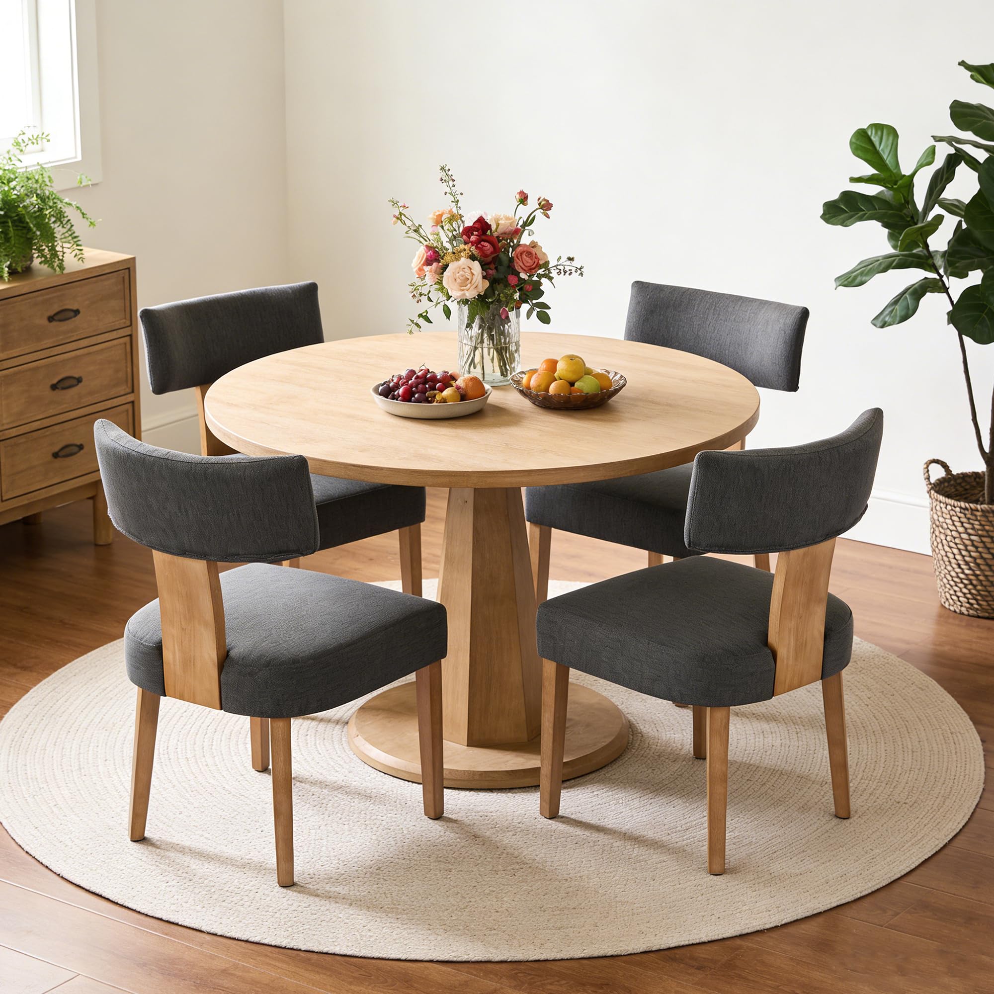 Relbiety Wooden Upholstered Dining Chairs Set of 4,Mid Century Modern Dining Room Chairs,Linen Farmhouse Kitchen Chair Armless Side Chair with Wood